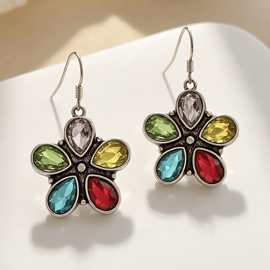 TEMU Un par de pendientes colgantes florales dulces y coloridos, con brillantes multicolores, ganchos para hipoalergénicos, accesorios elegantes y