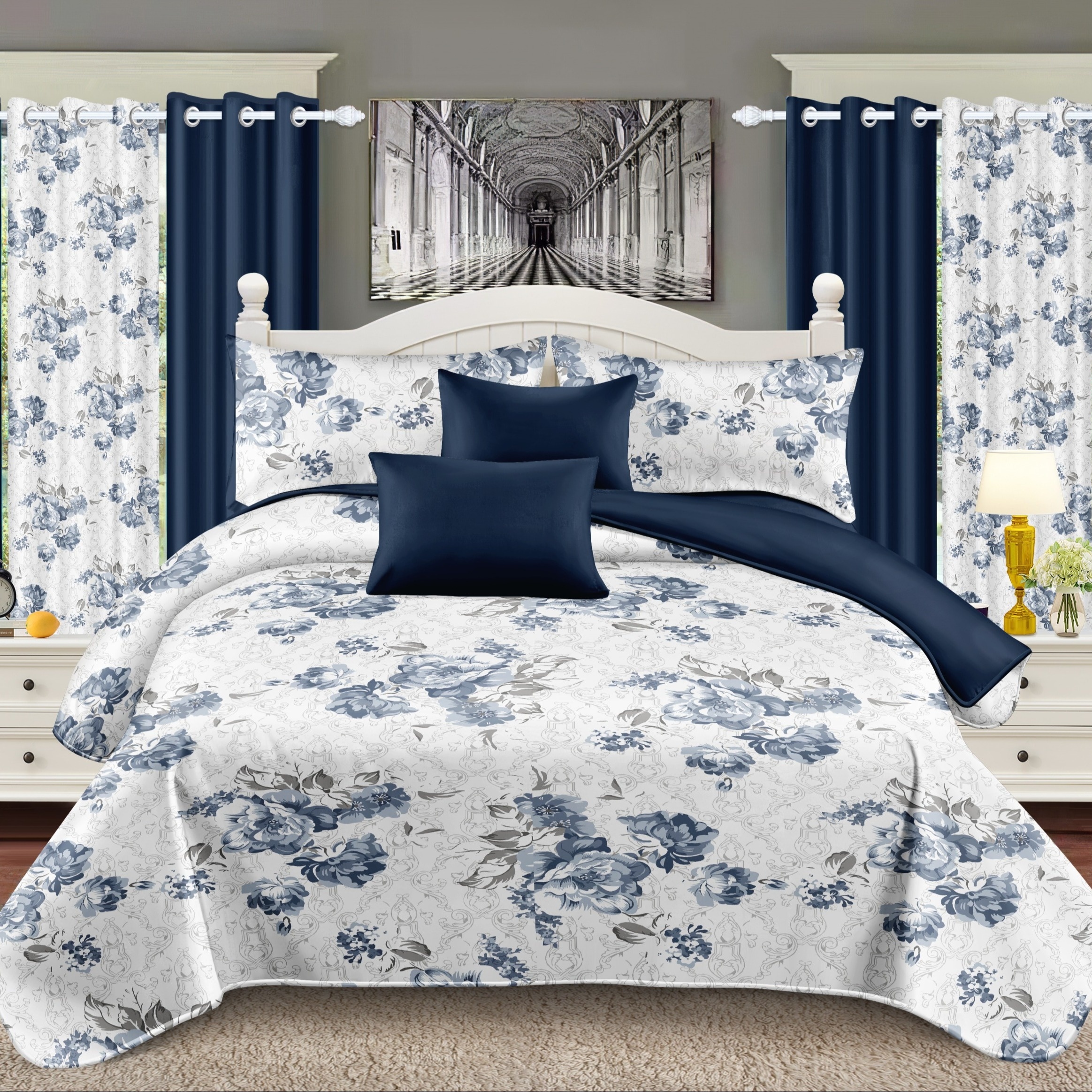 TEMU 9pcs Bedspread Set - Soft, Comfortable, Blue Floral King And Cal King Size With 1 Bedspread, 2 Pillowcases, 2 Printed Curtains And 4 Solid Curtains For Any Season.