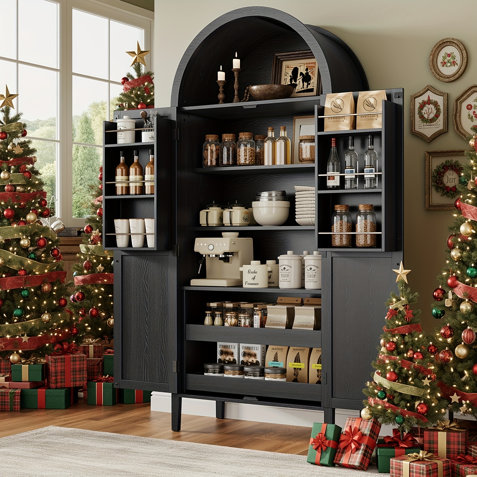 71.1" Arched Pantry Cabinet - Modern Black Kitchen Storage