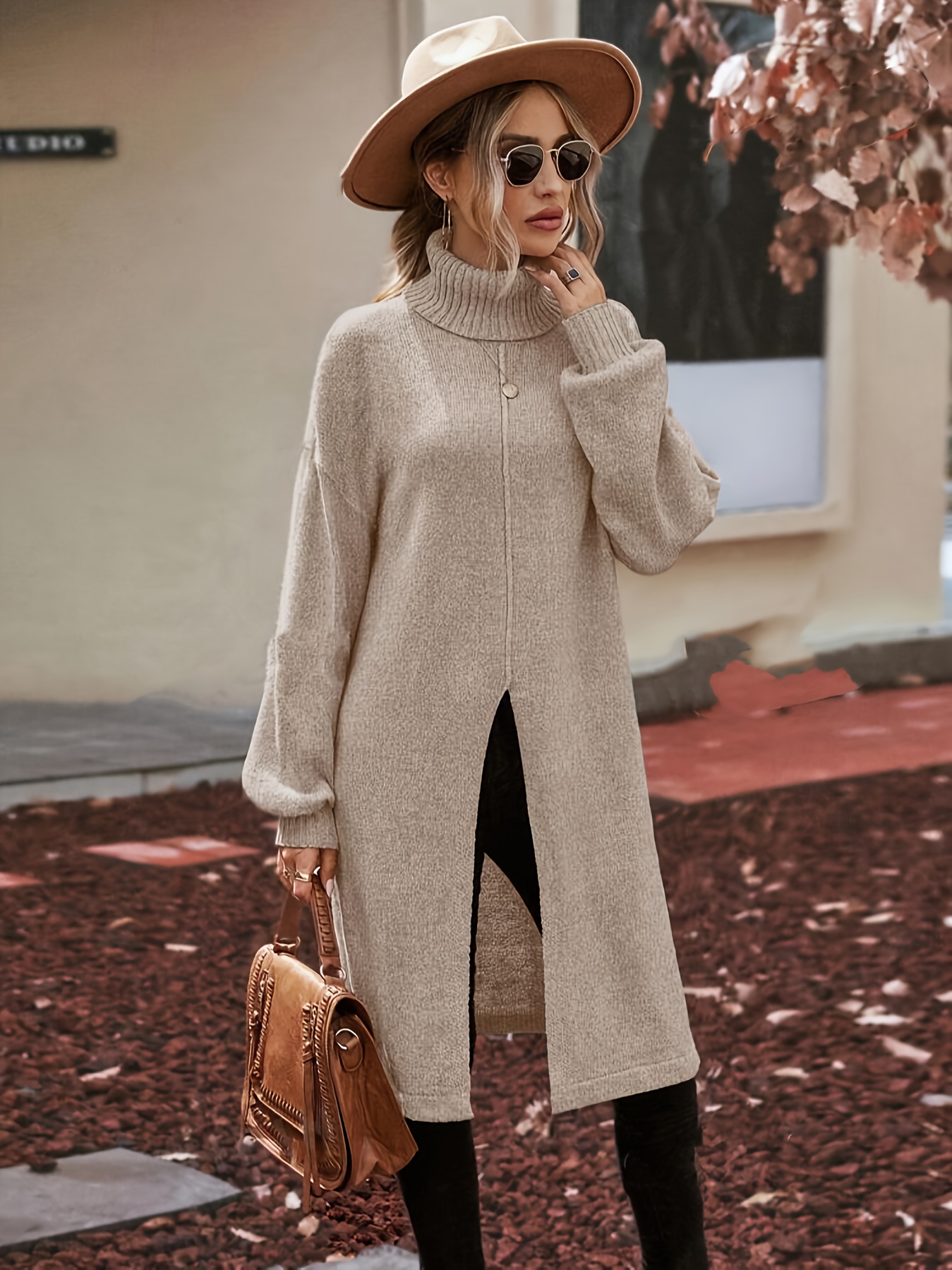 split hem turtle neck long length sweater casual solid color long sleeve sweater for fall winter womens clothing details 3