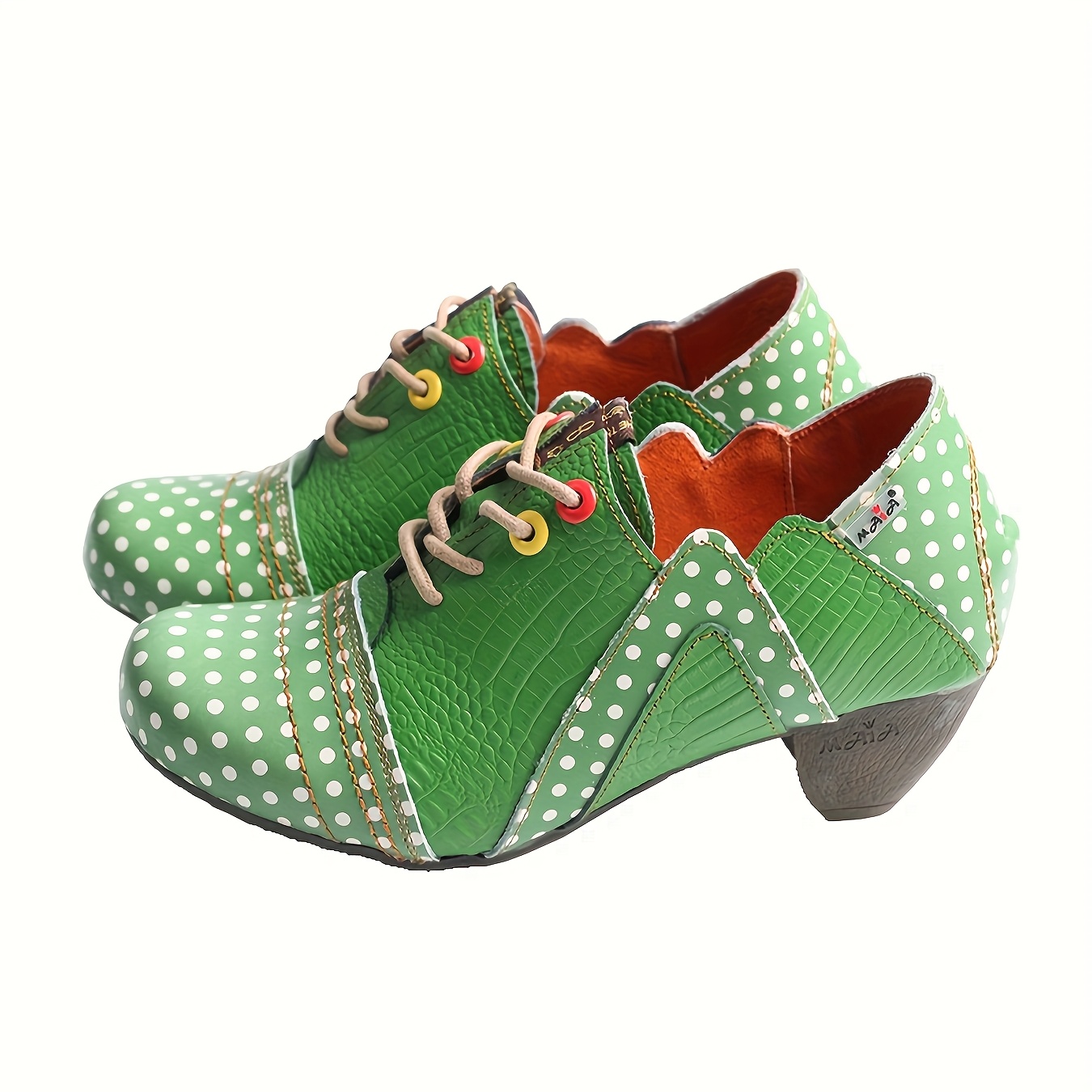 item picture   womens polka dot ankle boots fashionable low heel comfortable lace up anti slip handmade short boots with colorful button accents and crocodile texture detail   boots   boots second layer cover women shoes
