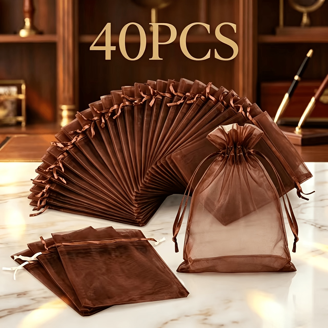 TEMU 40 stuks koffiekleurige organza geschenkzakjes, doorzichtige trekkoord zakjes, meerdere maten beschikbaar, gaas sieradenverpakkingszakjes voor