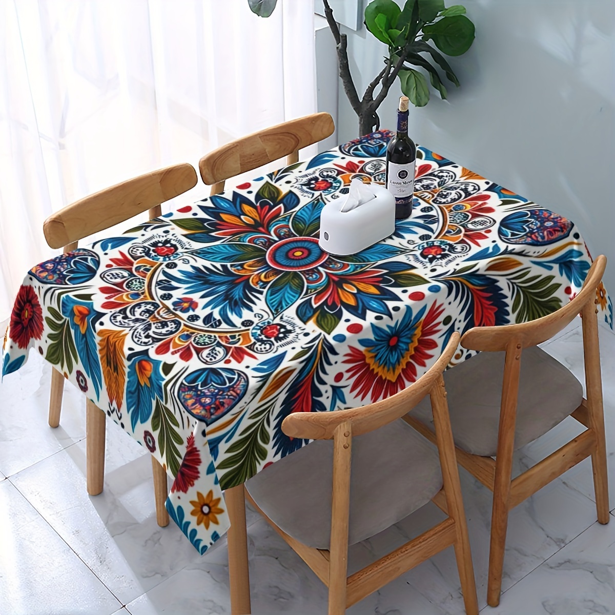 

1pc, Table Cover, Mandala Pattern Polyester Tablecloth, Vibrant Mexican Floral Print, Stain-resistant Washable Fine Fiber, Rectangular Table Cover For Kitchen & Dining, Festive Decor
