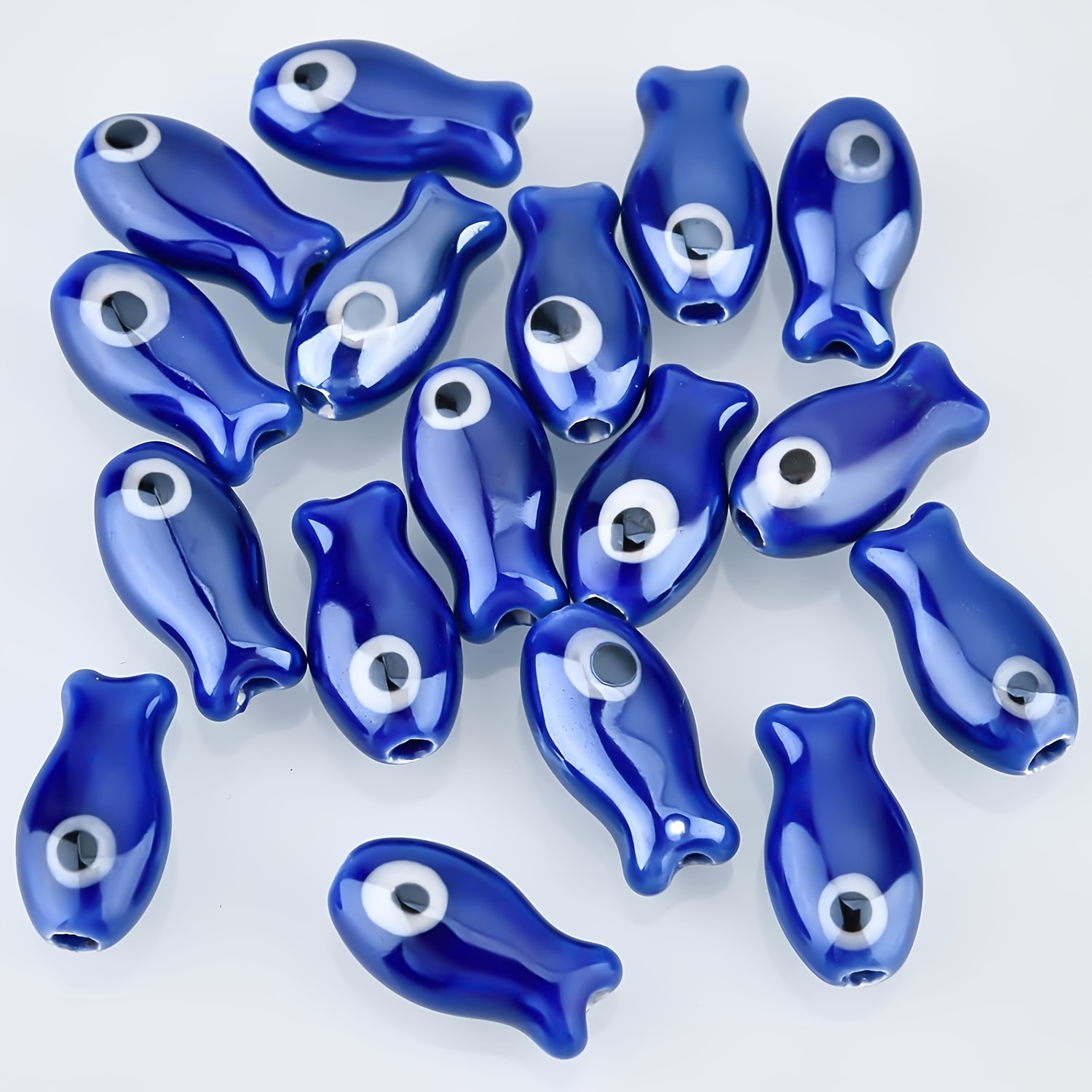 E-shop 17 Stück Keramik Fisch böses Auge Perlen 3/4X3/8 Zoll (ca. 1,9X1,9 cm), blaue böses Auge Charms Keramik Türkische Lose Perlen für Ohrring