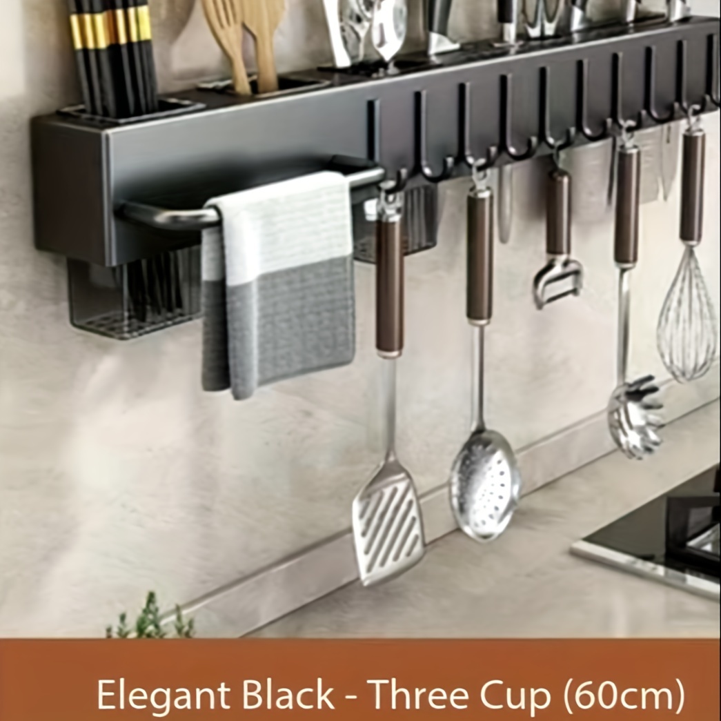 1pc premium carbon steel kitchen utensil holder wall mounted no drill multi functional rack for knives spoons forks spatulas with towel bar and drain basket space saving hygienic design details 3