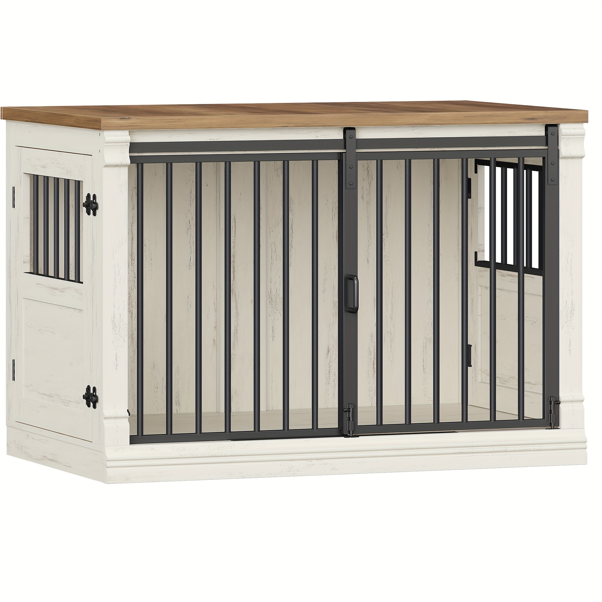 Jaula para perro de 101 cm tipo mueble, jaula de madera para mascotas   puertas y puerta corredera para   pequeñas/medianas y  , jaula   resistente con mesa auxiliar, 101×60.5×70 cm ( - )