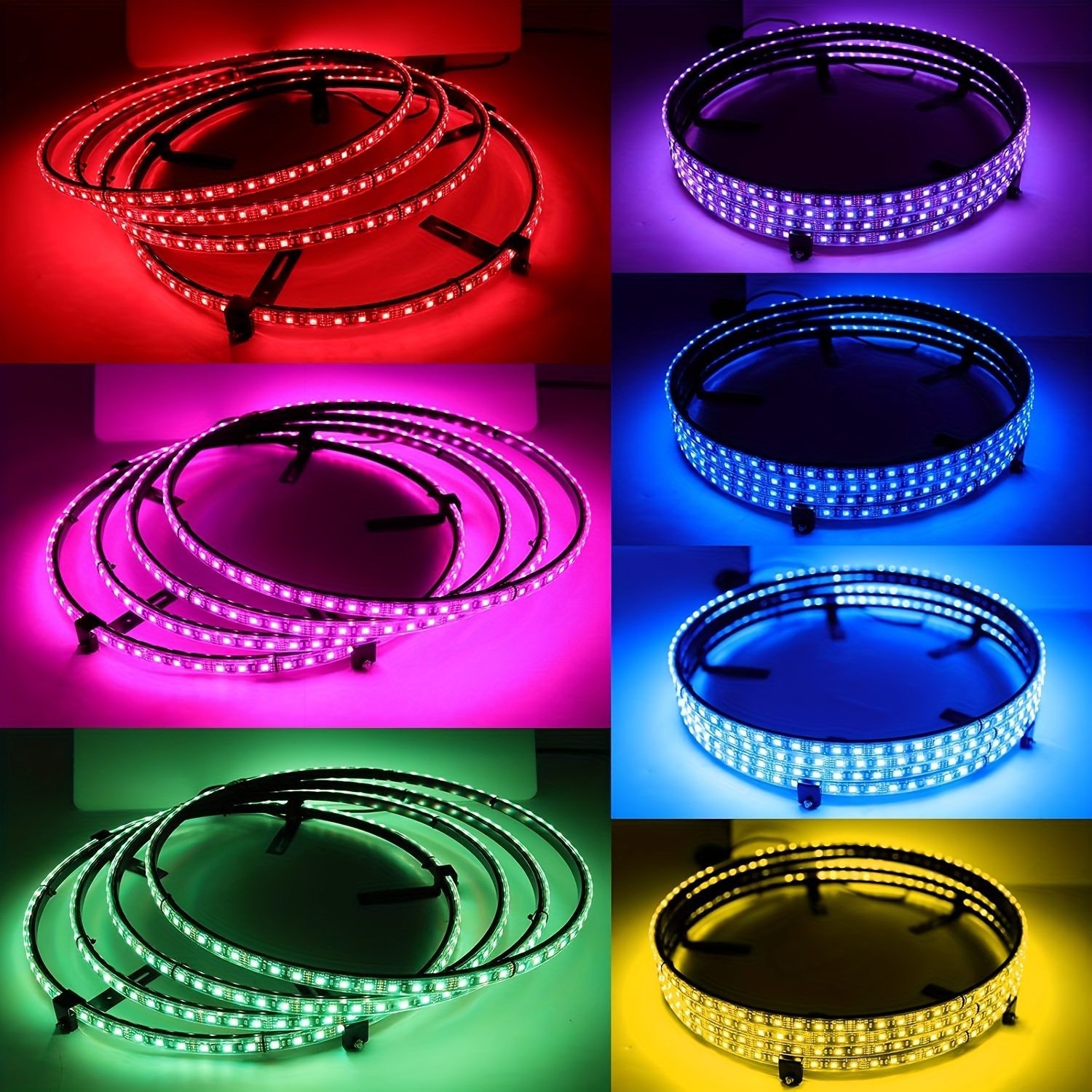 Een collectie van 15,5-inch wielnaafverlichting voor voertuigen, met 16 miljoen kleuropties, die via een app en een afstandsbediening kunnen worden bediend. Ideaal voor het verbeteren en decoreren van auto's, waaronder sedan, trucks en SUV's.