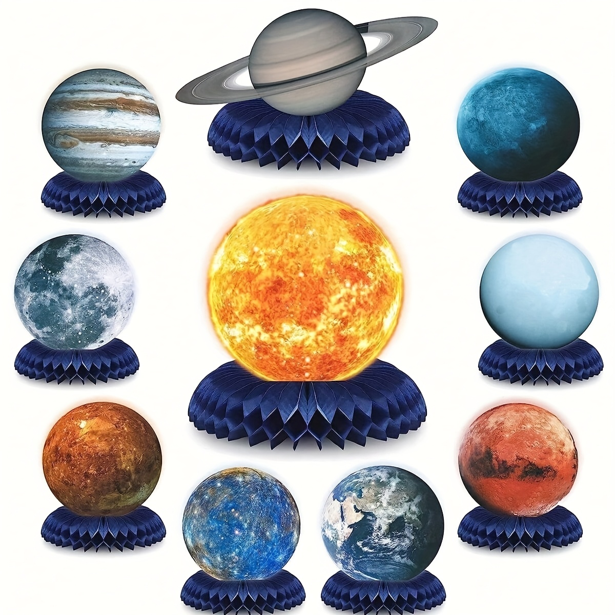 Image of Set Of 10 Honeycomb Decorations Featuring A Solar System Theme, Perfect For Space-themed Parties. Decorations Are Ideal For Birthdays, Room Decor, Table Centerpieces, And Party Favors