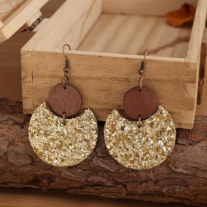 

1 Pair Vintage Style Wooden Round Dangle Earrings, Golden Glitter Sequin Splice Design, Fashion Statement Jewelry For Women