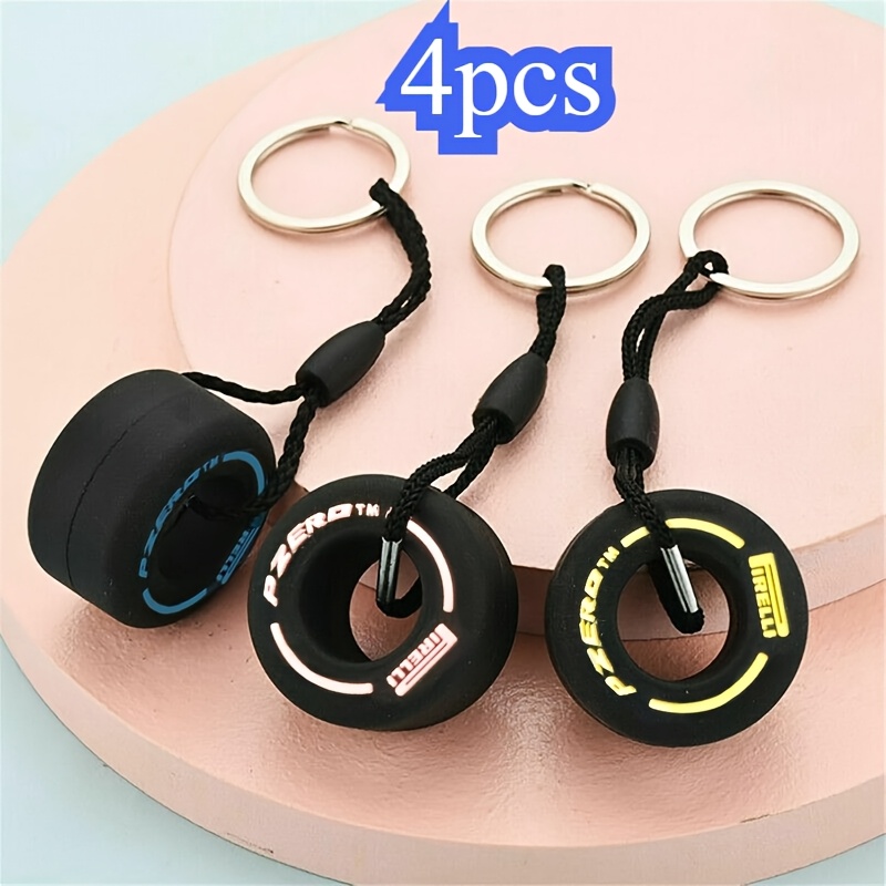 TEMU 4pcs Random Color Racing Tire Keychain Set | Multicolor Dumbbell Plate Design Key Chain Pendant | Sports Fitness Theme Creative Car Key Chain |