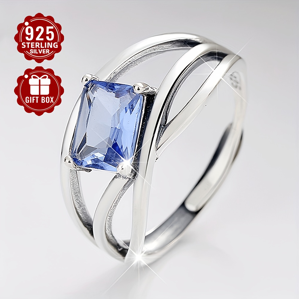 

1pc Vigg 925 Sterling Silver Ring, Blue Synthetic Cubic Zirconia, -embossed, Fashionable Luxury, Hypoallergenic, Lightweight, Engagement & Wedding, Gift Box Included