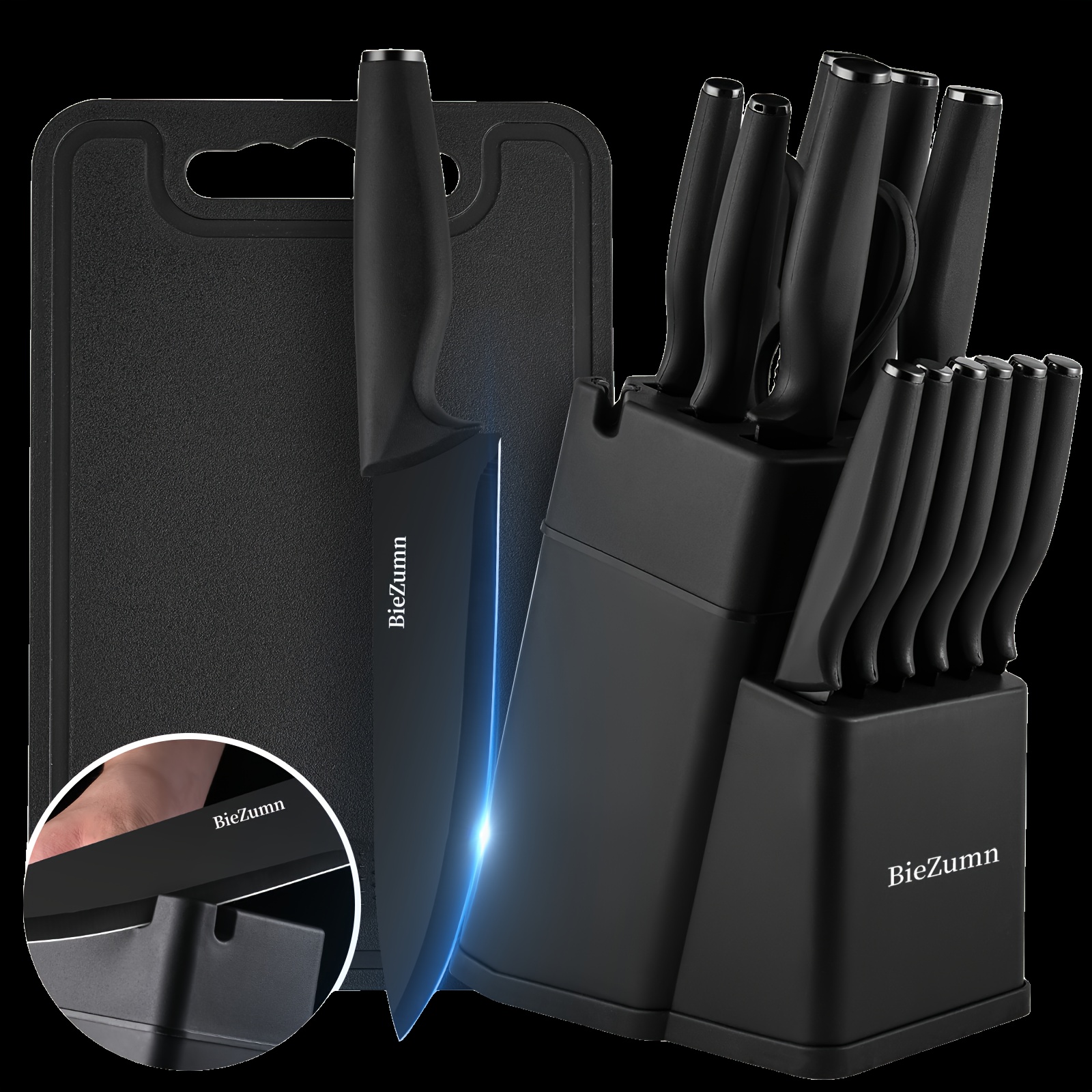 TEMU 15/ Knife Set, Kitchen Knife Set With Block, Dishwasher Safe Kitchen Knife Set With Built-in Sharpener, Stainless Steel Black Knife Set, Kitchen