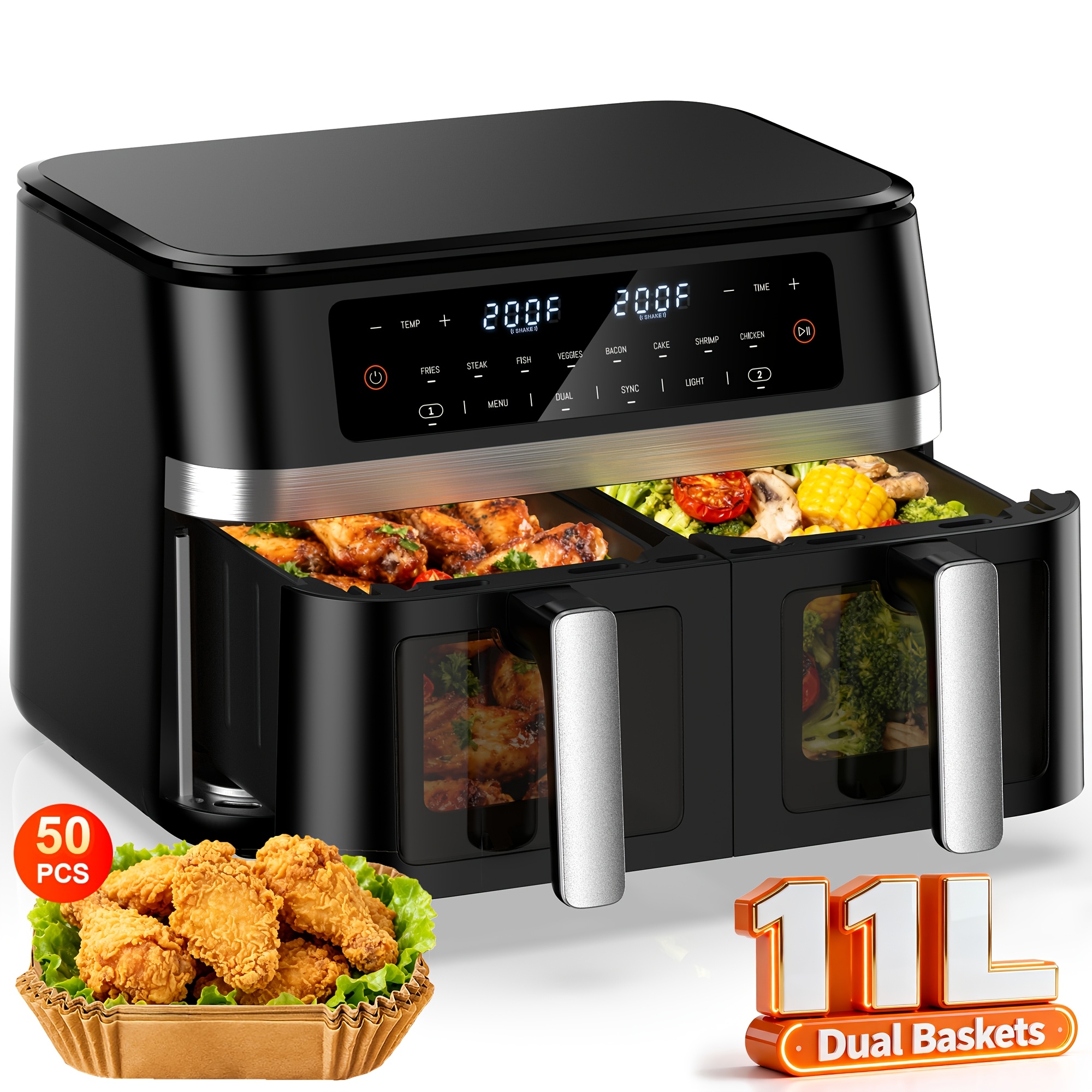 Image of Large Capacity Dual Basket Air Fryer 11l Design 8 Functions Smart Touch Baking Grilling Dehydrating -one Machine With 50 Oil-proof Pads Mother's Day Gift Summer Kitchen Holiday Party Essential