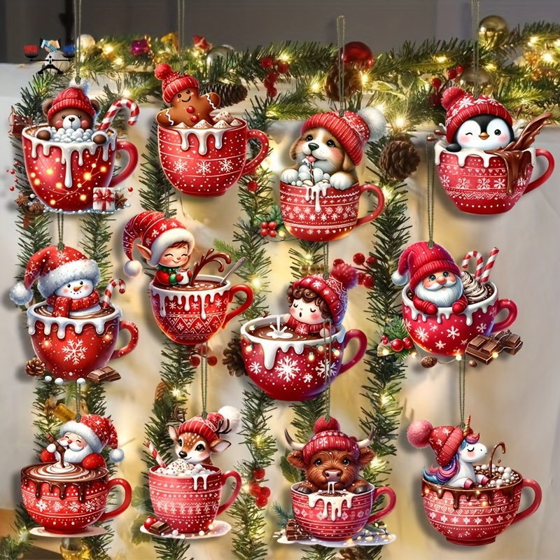 

12pcs Christmas Style Coffee Cup Animal Christmas Ornaments Set Cute Wooden Ornaments, Suitable For Trees, Mini Holiday House Decoration, Indoor Christmas Celebration. Christmas Gift