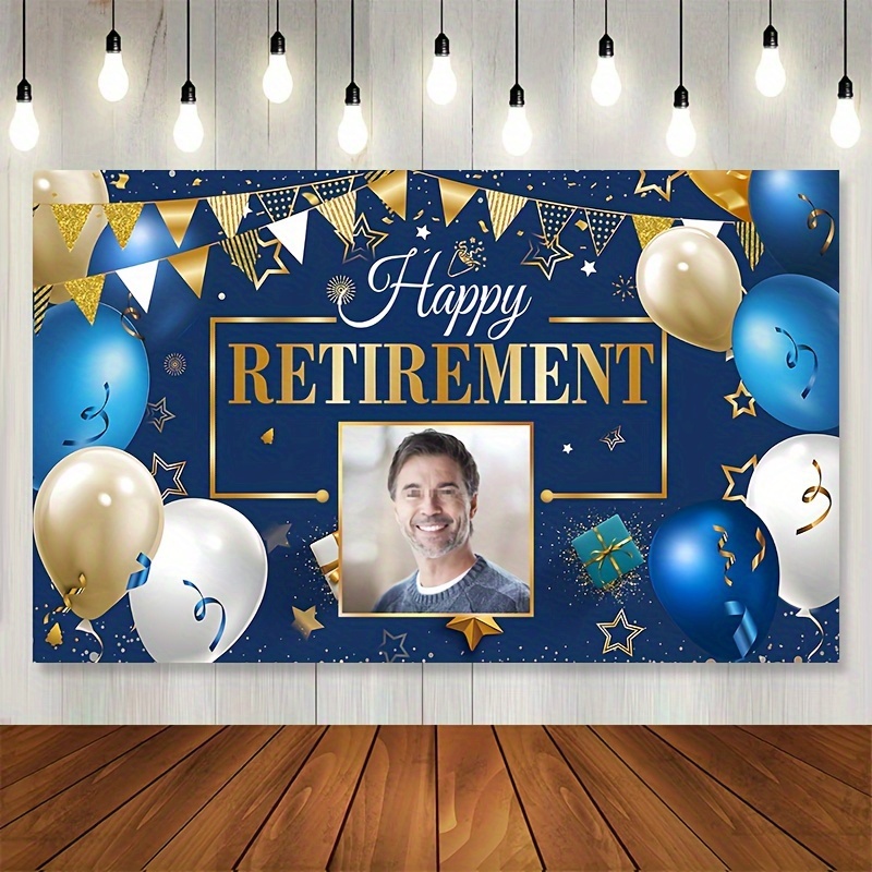 

Custom Retirement Party Banner - Personalize With Your Image, Blue & Golden , 41.7x70.8 Inch - Front Porch Decor, Wall Art, Photo Booth Prop - Farewell & Going Away Office Celebration Supplies