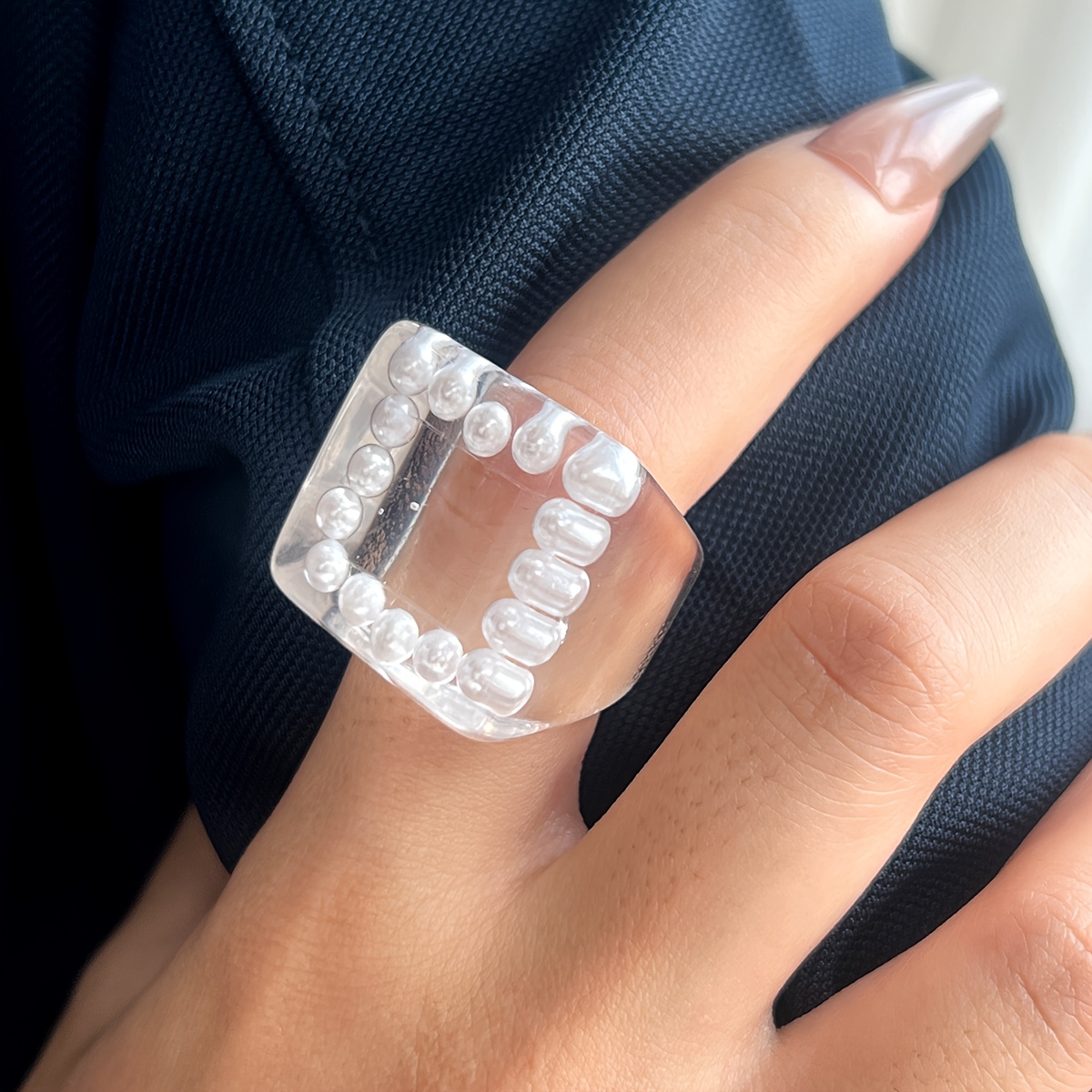 Women's Elegant Transparent Bead Ring, Minimalist Stackable