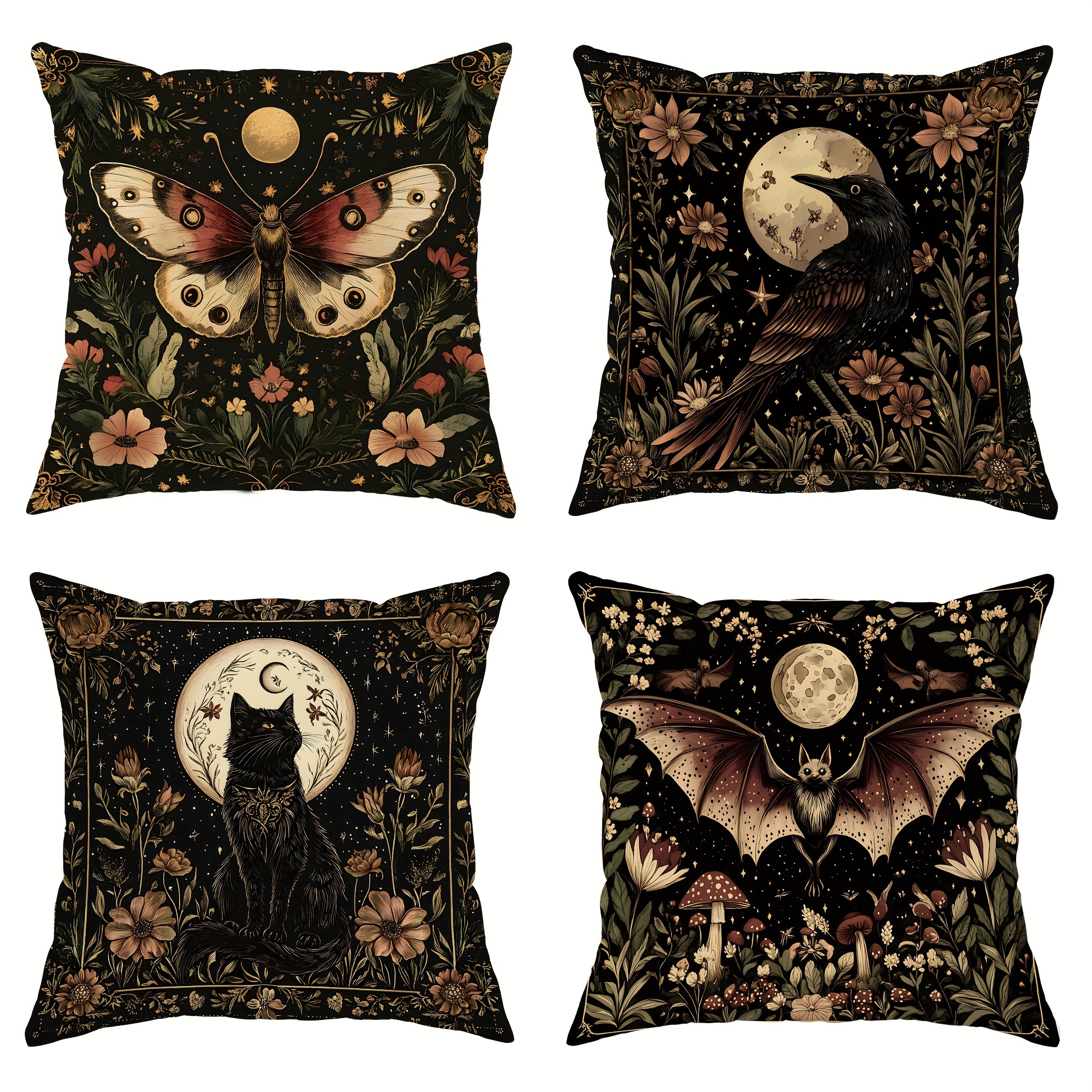 Image of 4-pack Gothic Style Throw Pillow Covers, Contemporary , Bat, And Black , Zippered Polyester Cushion Cases For Sofa, Patio, And Living Room Farmhouse Holiday Decor, Machine Washable