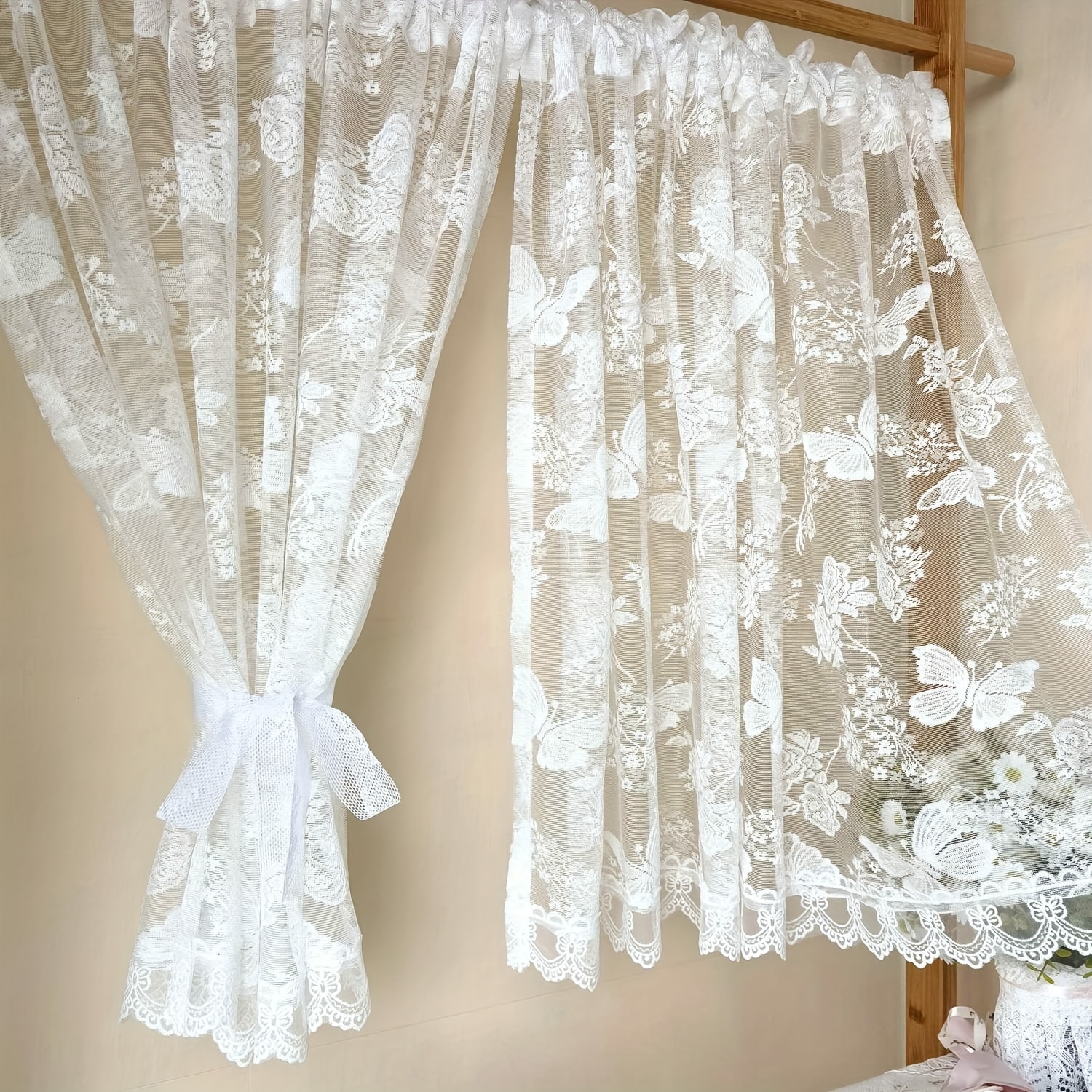 

2pcs Gxi & Lace Sheer Cafe Curtains, White Transparent Fine Weave, Lightweight With Rod , Ideal For Kitchen, Living Room, Bedroom - No Cluded Straps, 96gsm, Curtains For Living Room