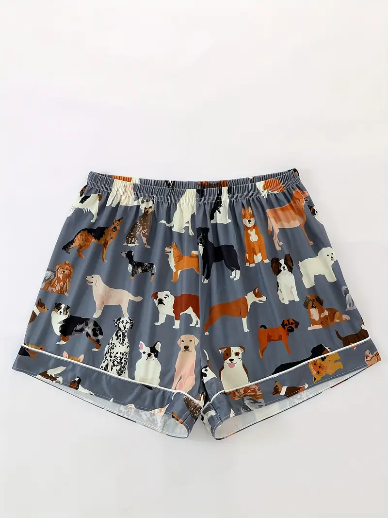 womens pajama set with cartoon dog animal print dark gray short sleeve shirt with pocket elastic waist shorts casual comfortable loungewear for Product details 2
