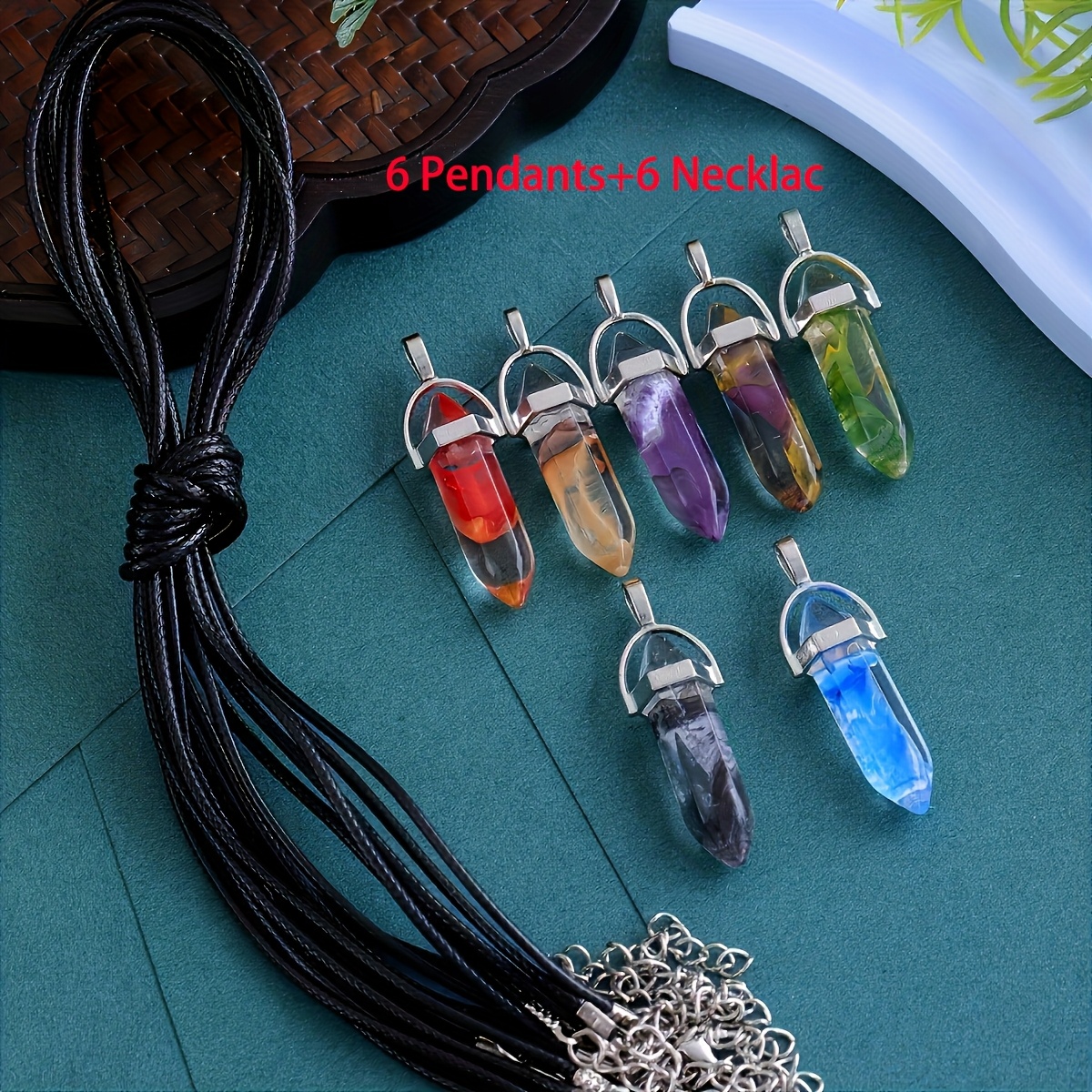 Image of 12pcs Multicolor Crystal Hexagonal Pendant Necklace, Bulk Gemstone Chakra Point Charm Pendulum With Adjustable Leather Necklace Cord And Storage Bag For Necklace Jewelry Making Christmas Gift