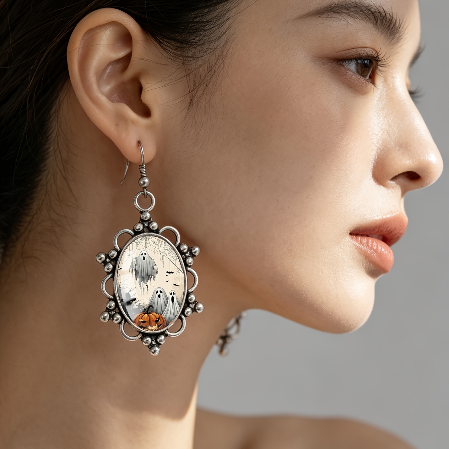 Unisex Ghostly Spiderweb Pattern Oval Earrings