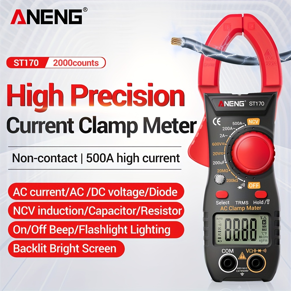

Compteur numérique ANENG ST170 à pince, multimètre CA 500 A 1999 comptes, testeur de tension CA / CC capacité Hz NCV, test de diode ohm