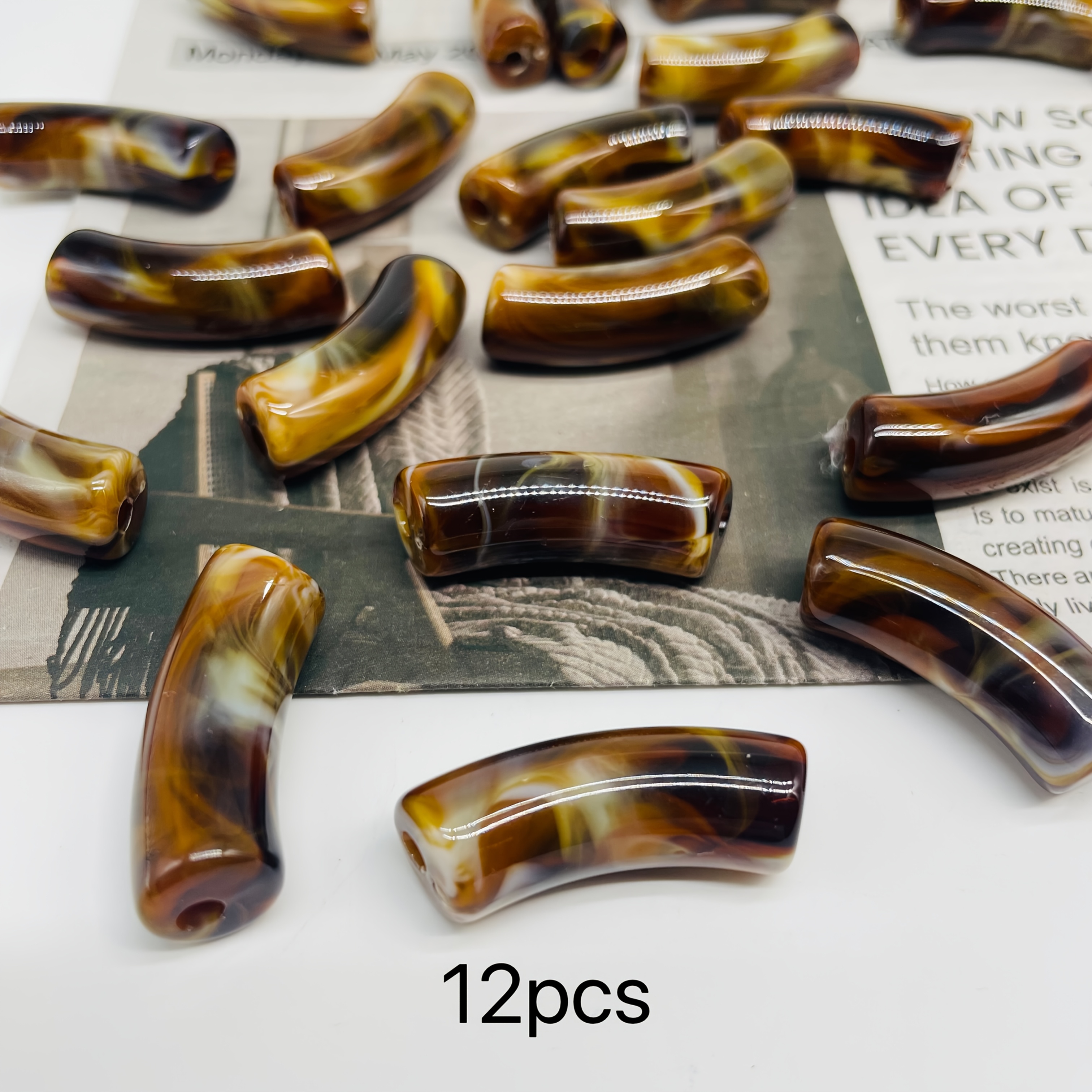 TEMU 12pcs Of 11*35mm Acrylic Large Curved Tubes, Irregular Gradient Loose Beads For Jewelry Making Supplies