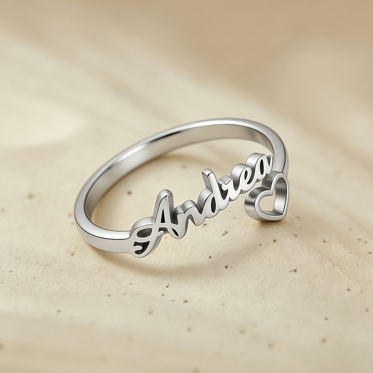 TEMU 1pc Customized Name Heart Stainless Steel Ring Hollow Heart Opening Ring Personalized Letter Tail Ring Fashion Commuting Versatile Ring Mother's