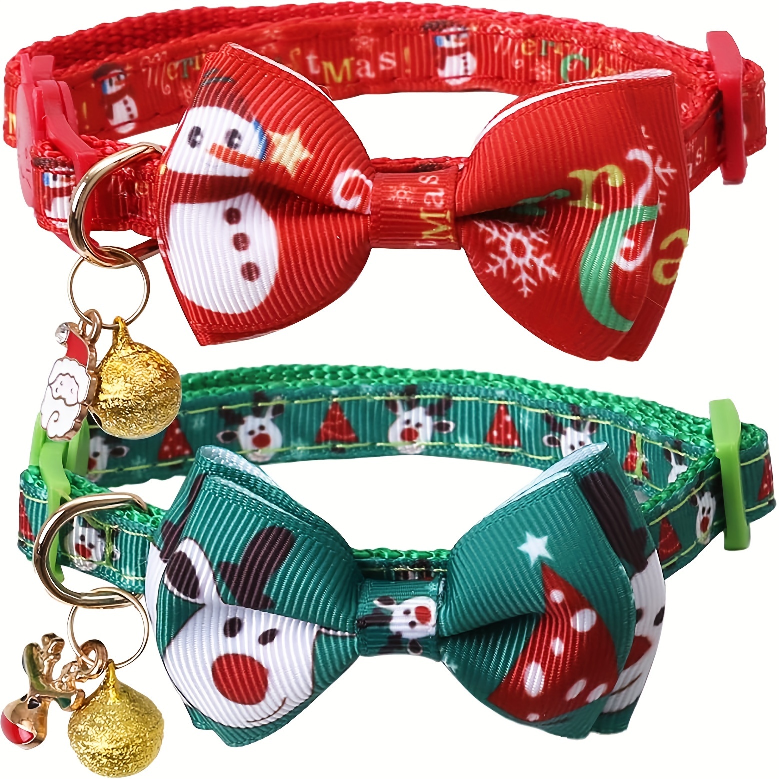 

2-pack Adjustable Pet Collars With Detachable Bow Ties, Cartoon Pattern, Polyester Material, Snowman & Reindeer Prints With Santa & Golden Bell Charms For Christmas Party, Holiday , And