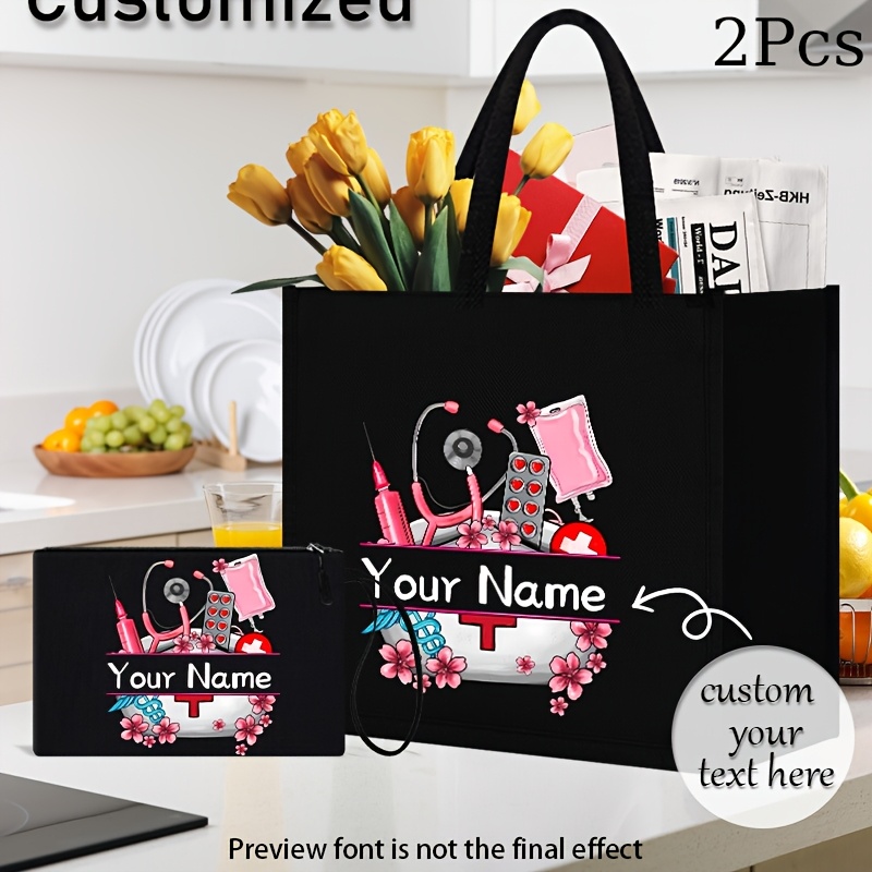 

Custom Nurse-themed 2pcs Tote & Makeup Bag Set - Lightweight, Fabric With Fixed Shoulder Strap, Elegant Printed Design For Women