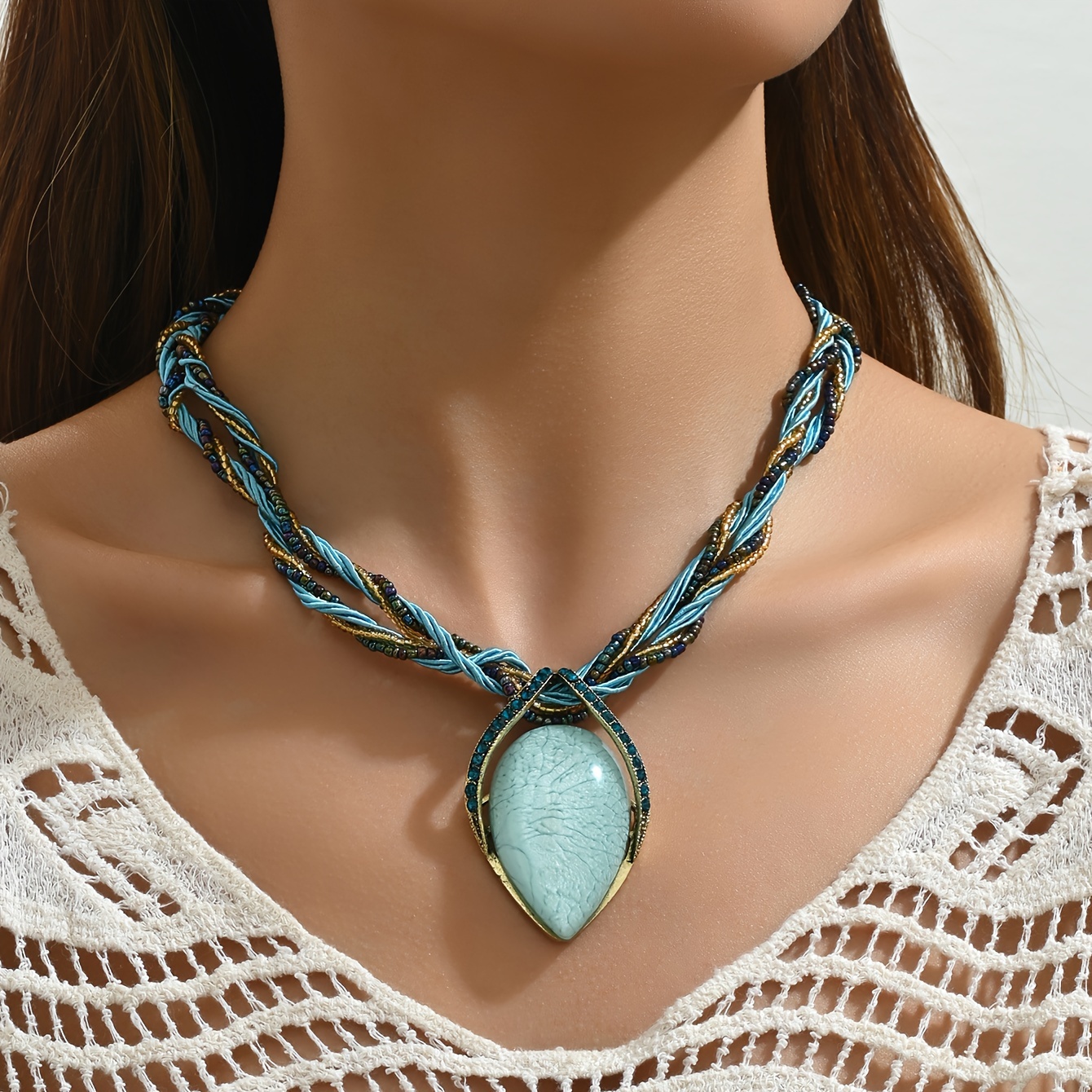 

Bohemian Vintage Style Teardrop Cat Eye Stone Pendant Necklace, Ethnic Sweater Chain Jewelry With Multicolor Rope Accents