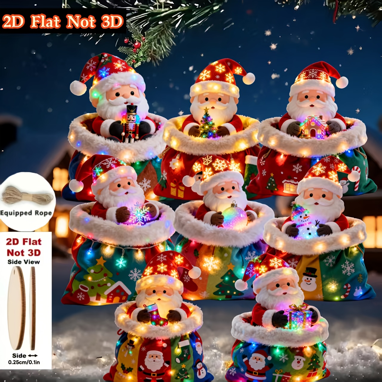 TEMU Ornements de Noël 2D plats, 8 pièces, motif amusant de Père Noël dans un sac de Noël, décorations de Noël en bois à suspendre, Noël, Nouvel An,