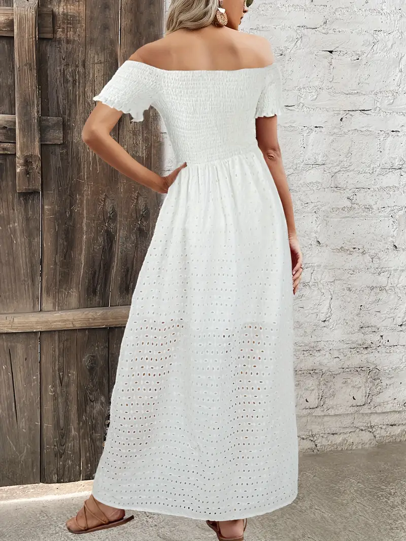 Women'S Off-Shoulder White Crochet Dress with Cutout Detail - Elegant Fit and Flare Maxi Dress for Spring/Summer, Polyester Fabric, Casual Summer Dress | Offshoulder Fashion | Crochet Texture Women'S Off-Shoulder White Crochet Dress with Cutout Detail - Elegant Fit and Flare Maxi Dress for Spring/Summer, Polyester Fabric, Casual Summer Dress | Offshoulder Fashion | Crochet Texture