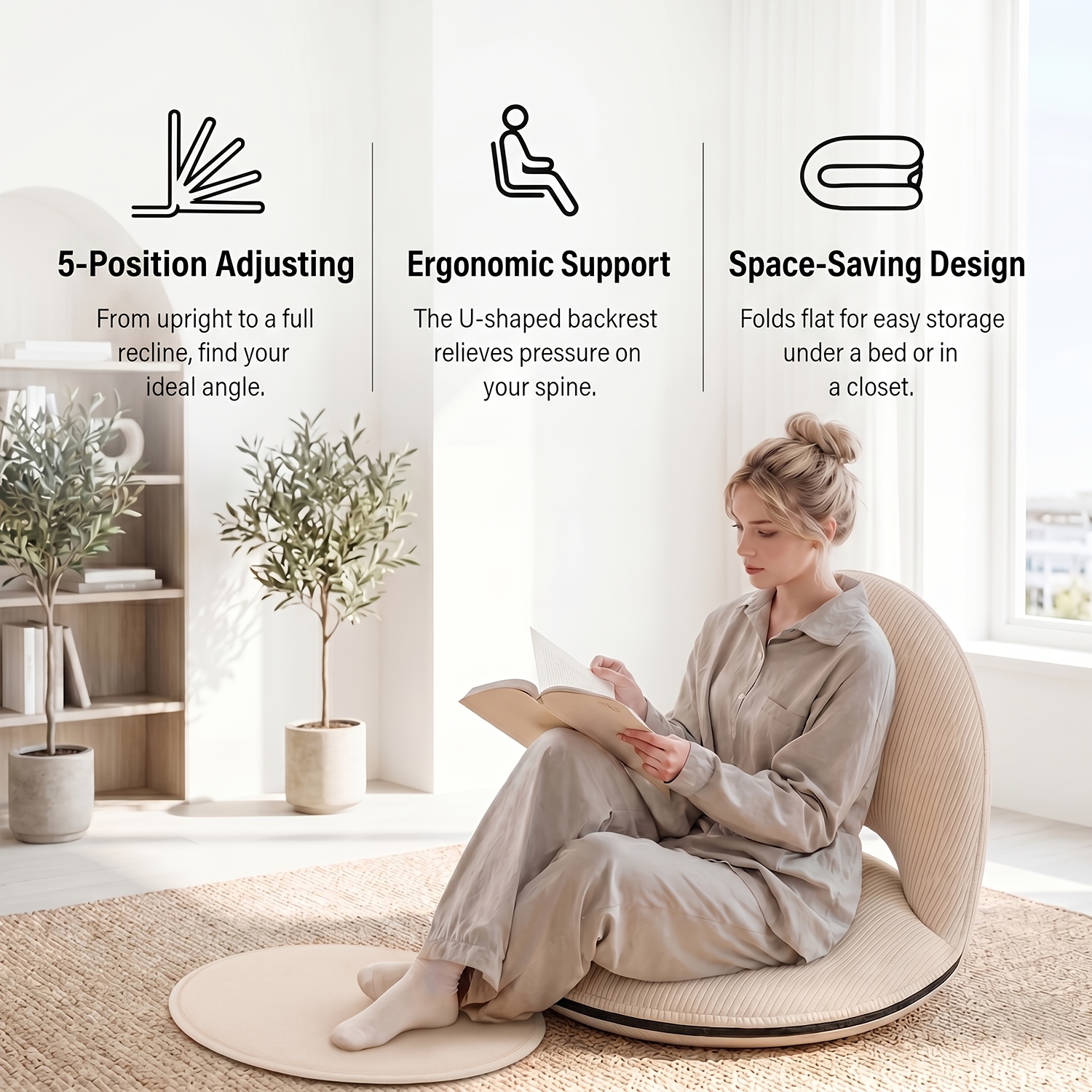 foldable sofa recliner 5 position adjustable floor chair ergonomic lounge chair living rooms bedrooms camping concerts and more padded foldable floor chair ideal for meditation and reading and Product details 4