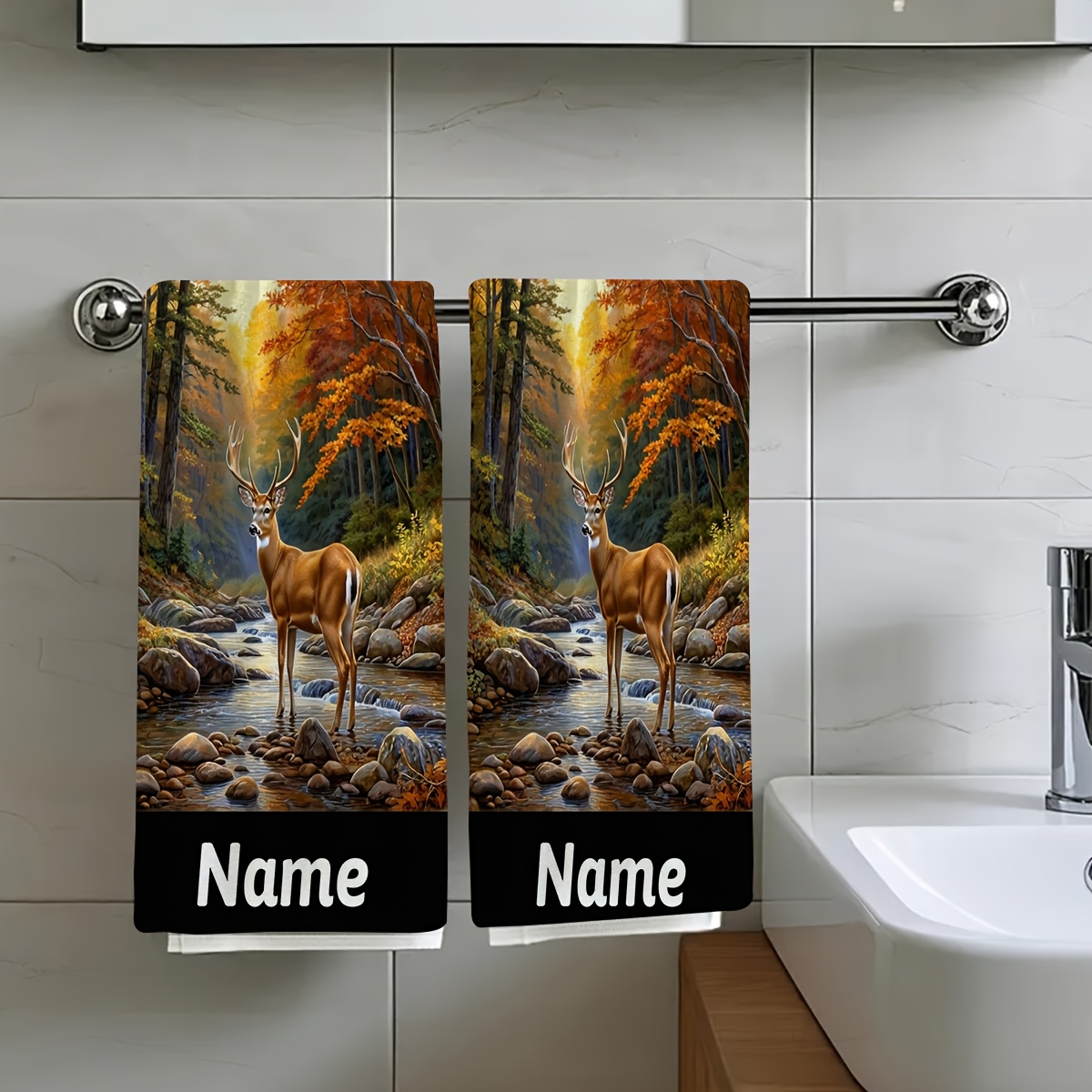 TEMU A 2pcs Set Featuring A Deer Standing In A Vibrant Forest At Sunset, Perfect For Travel Towels. Customizable Towels With Personalized Text,
