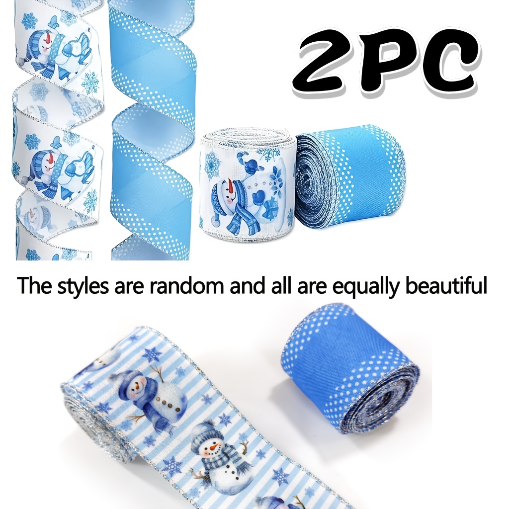 TEMU 2 Rolls, Christmas Wired Edge Ribbon, Blue And White Featuring , Snowflakes Designs, Including 1 Roll Of Random Snowman Pattern Ribbon, Suitable