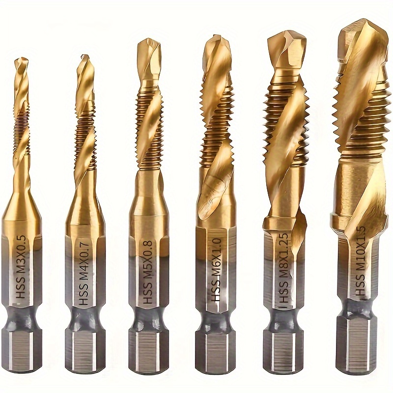 

Goxawee 6pcs Titanium Drill & Tap Bit Set With 1/4" Hex Shank - Steel, Metric M3-m10 For Screw Tapping And Countersinking, Combination Bit, Drill Bits