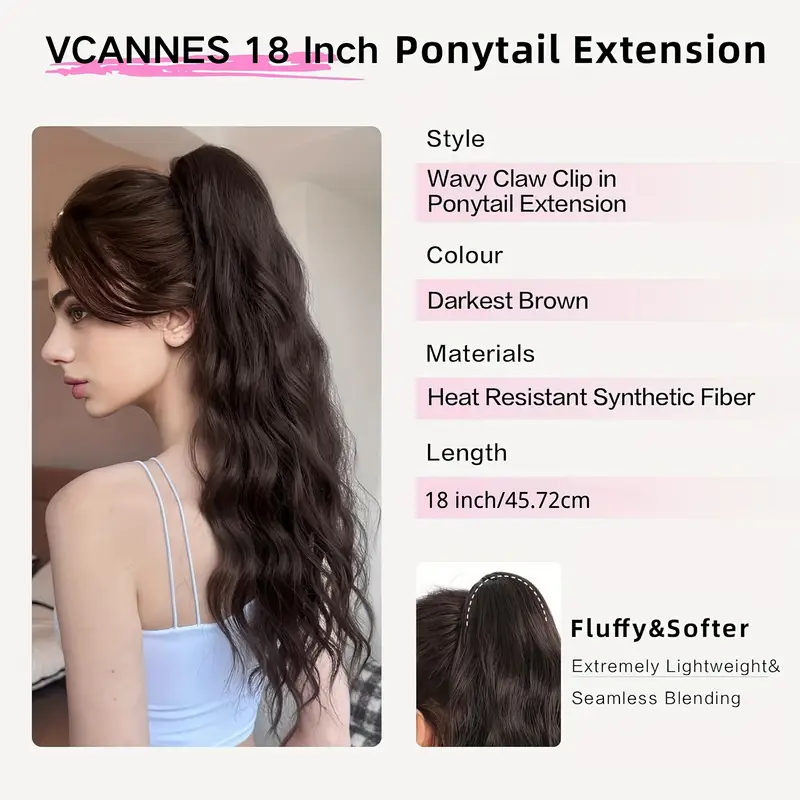 45.72cm curly ponytail extension for women - heat resistant synthetic clip-on hairpiece with claw clip, layered long hair for daily & party use, natural look for thick hair, ponytail hair extensions, versatile hairpiece, secure clip attachments details 4