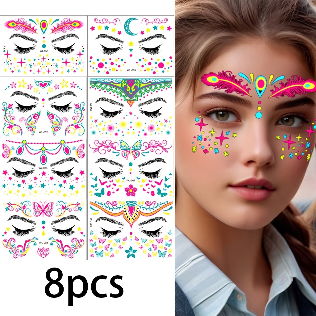 Image of 8pcs Fluorescent Facial Decoration Stickers, Flash Temporary Facial Stickers, Facial Art Decorations, Suitable For Parties, Music Festivals, Role-playing Makeup Stickers