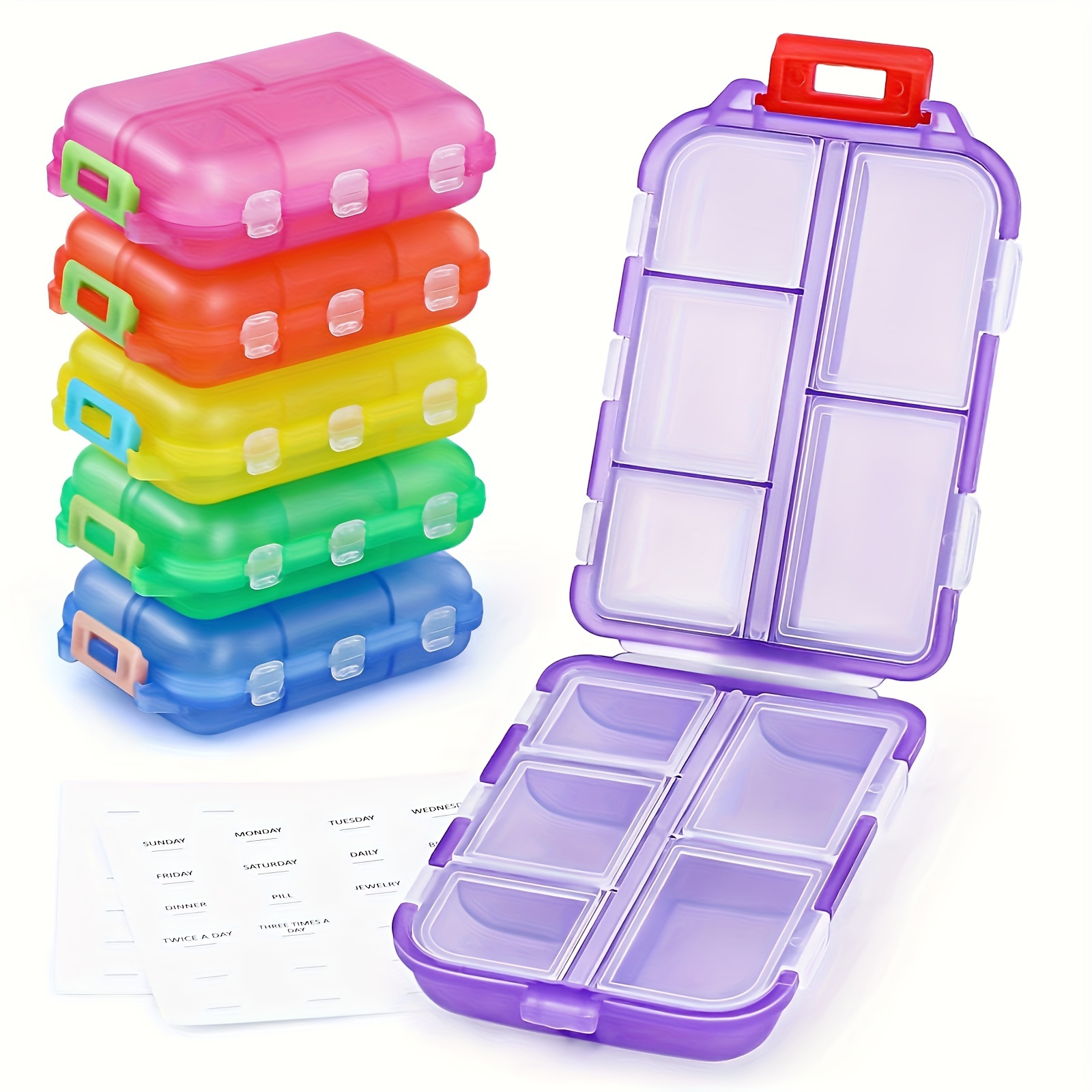 

6-pack Of Bpa-free Travel Medicine Organizers: 10 Compartments For Wallet Or Bag Storage - Suitable For Vitamins, Fish Oil, And More