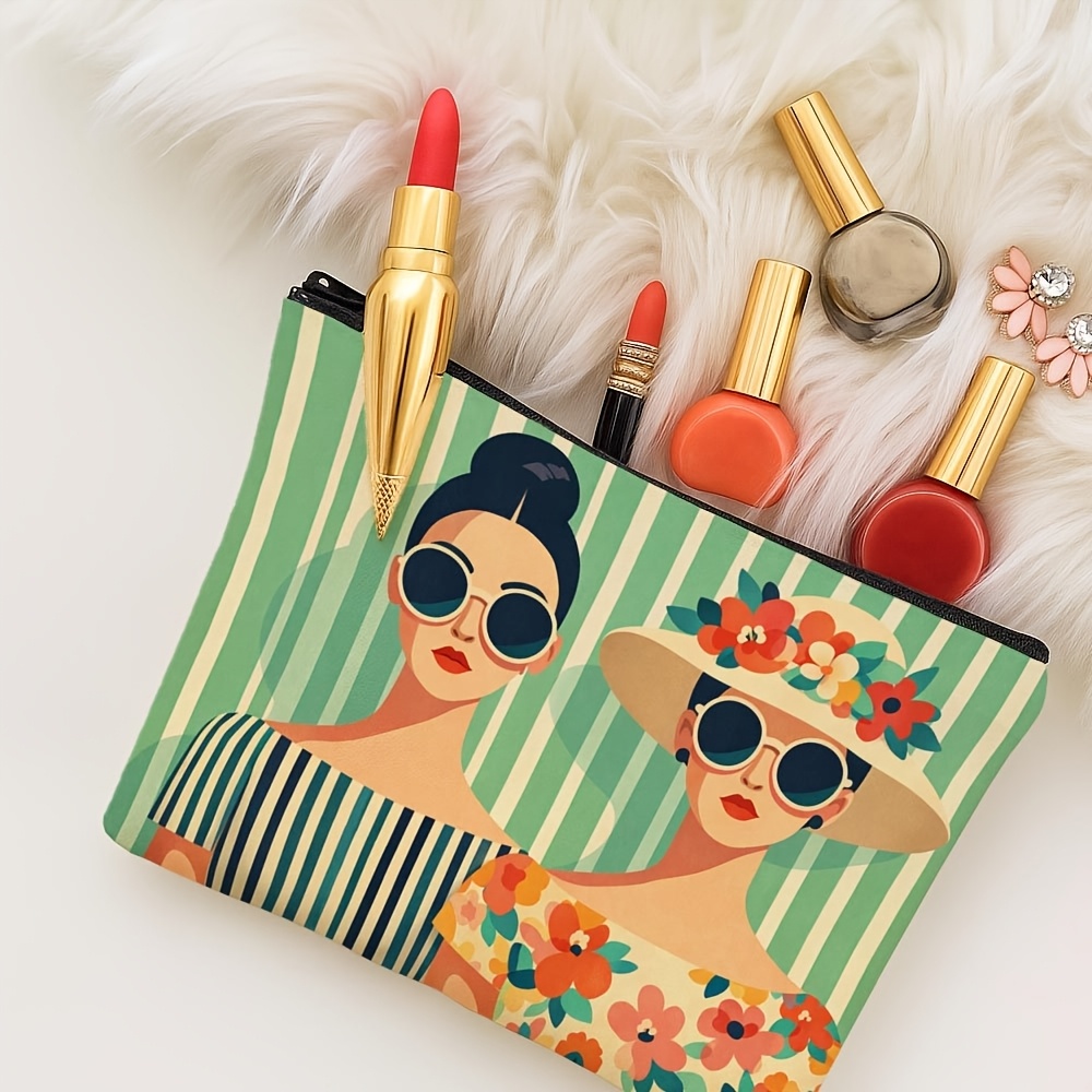 TEMU 1pc Art Portrait Makeup Bag - Women's Glasses Floral Striped Modern Illustration Cute Pattern Toiletry Bag - Women' Large Capacity Travel Bag,
