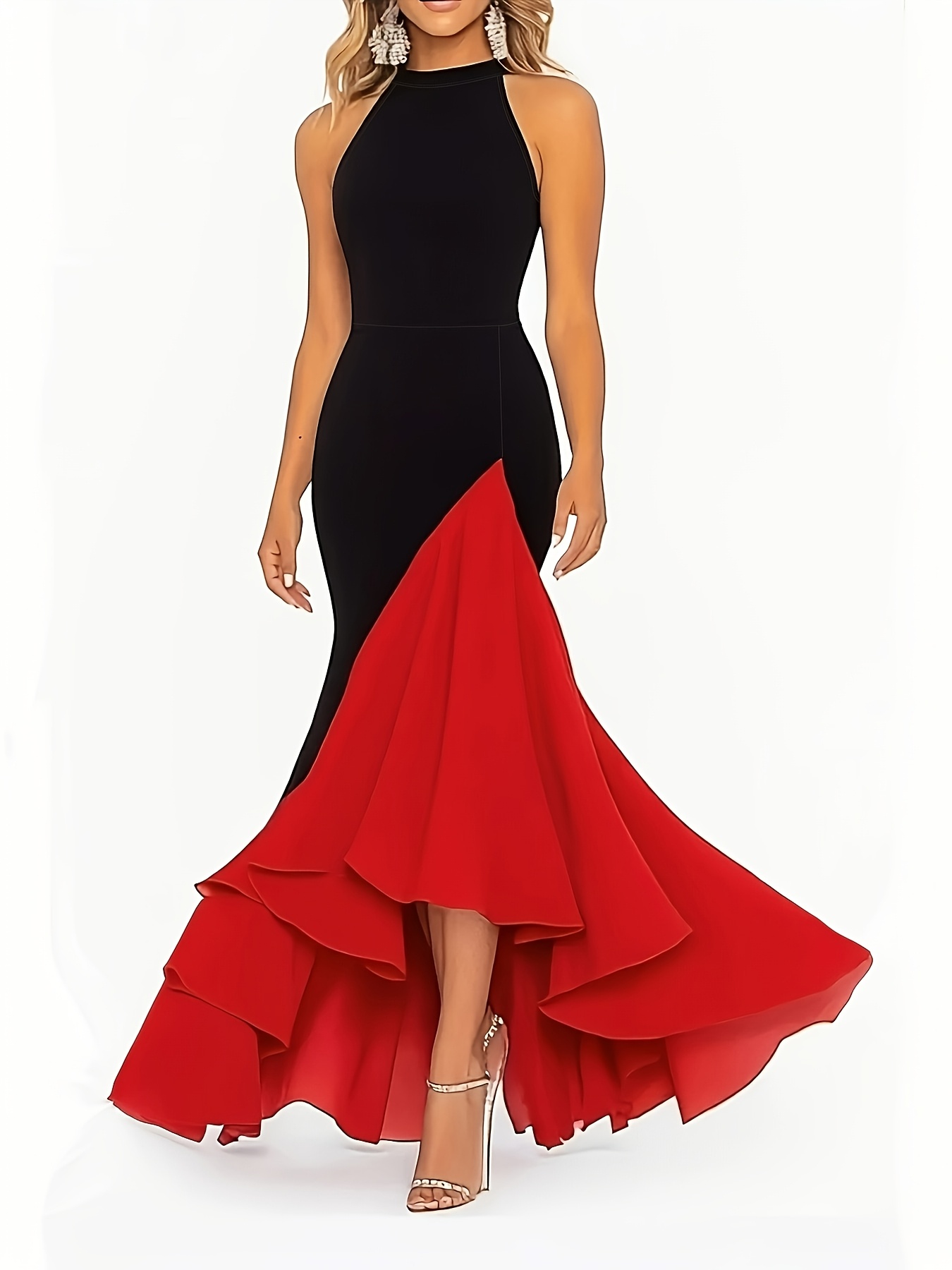 elegant shoulder party dress black red mermaid gown - Temu