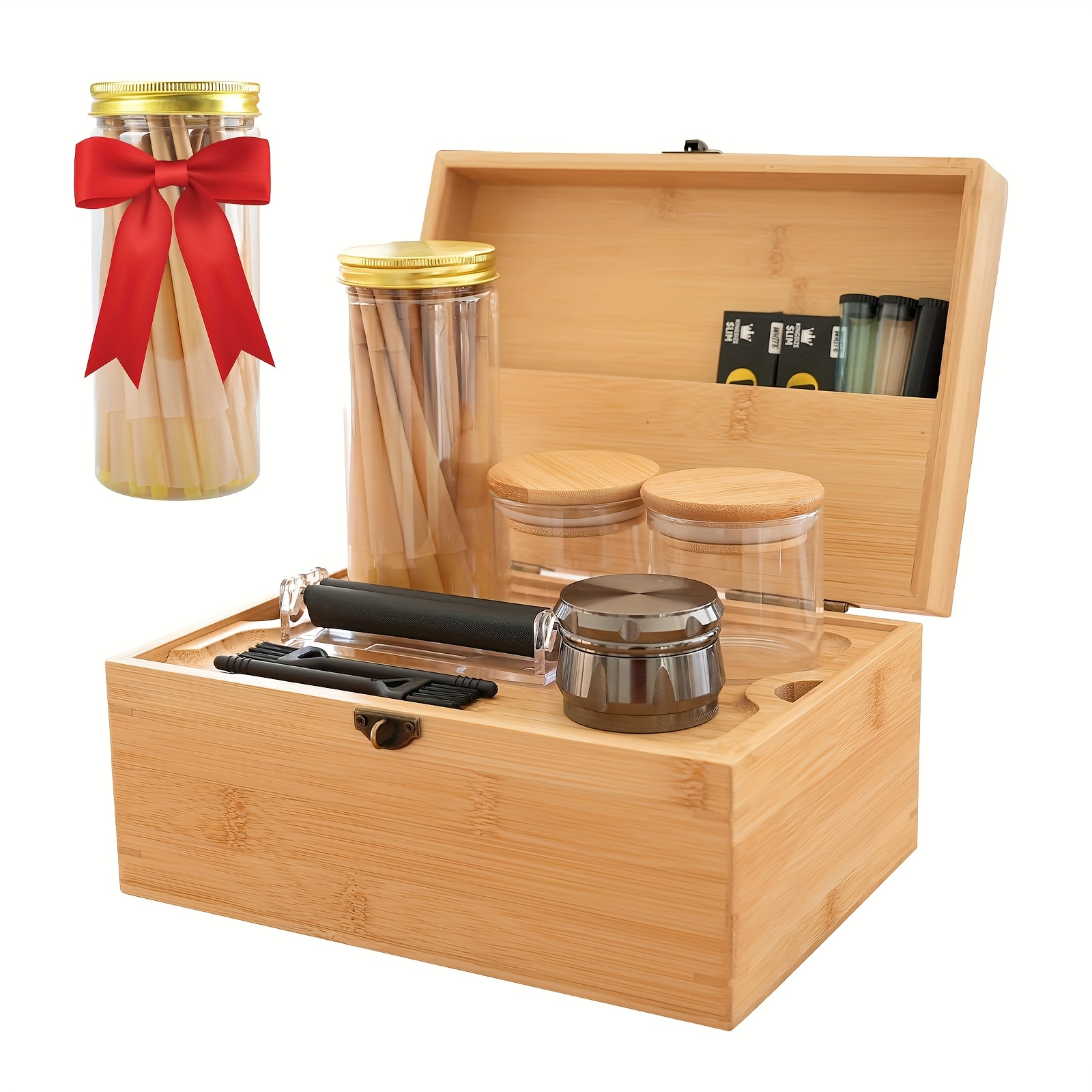 TEMU Bamboo Storage Box With Removable Tray, Large Wooden Organizer Chest With Adjustable Compartments For Jewelry, Additions, Crafts, And Household