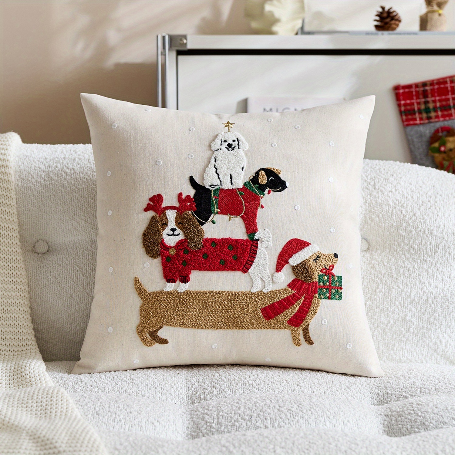 TEMU 1pc, Linen Christmas Pillowcase, Dogs Christmas Gift Throw Pillow Covers, Single Side Embroidery, Suitable For Sofa, Living Room, Bedroom Home