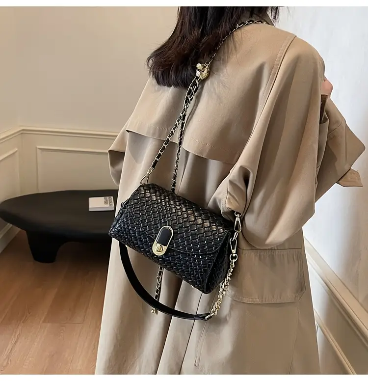 chic black woven crossbody bag for women versatile shoulder bag with detachable strap zip closure hardware casual or formal outfits Product details 4