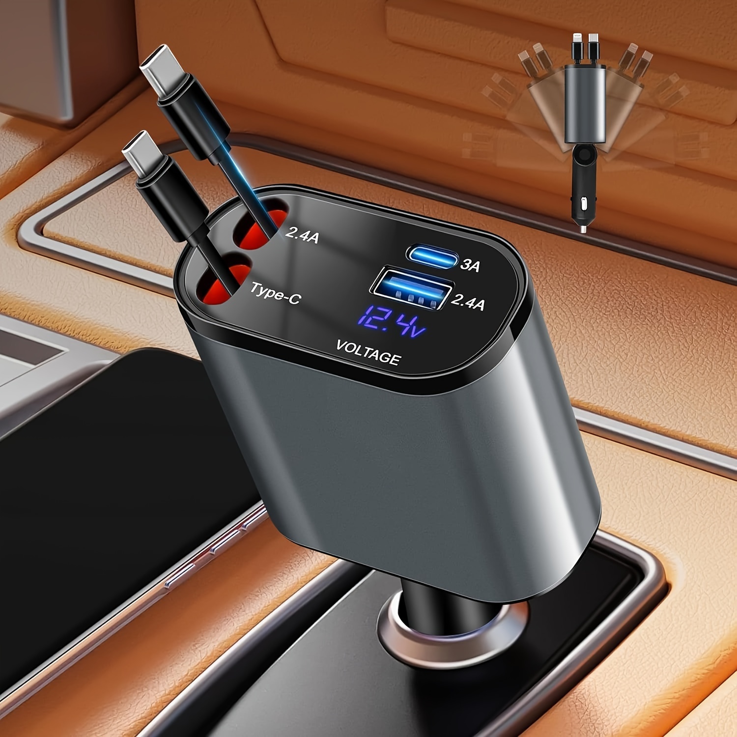 

Retractable Car Charger4 In 1 Fast Car Phone Charger 60w, Retractable Cables And Usb Car Charger, Compatible With Iphone 15/14/13/12/11, Pixel Tcl And More(two Specifications)