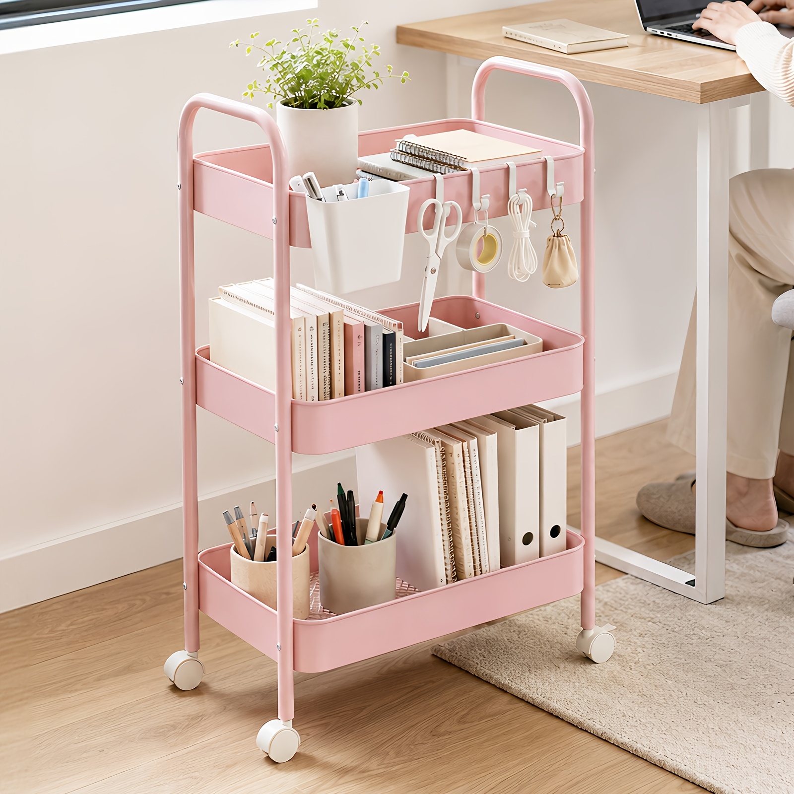 Three-tier Handcart, Multi-functional Storage Rack, Large Capacity, Portable Wheels, Easy To Move, Rolling Storage Cart With Handle, Suitable For Office, Living Room, And Kitchen Storage
