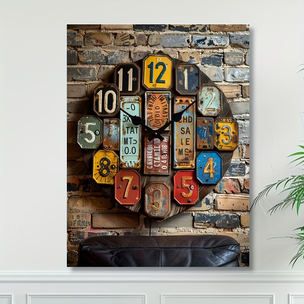 

Vintage License Plate Style Wall Clock Art On Canvas, Unframed, Decorative Timepiece For Living Room, Bedroom, Studio, Hallway, Craft Supplies, 12x16inch