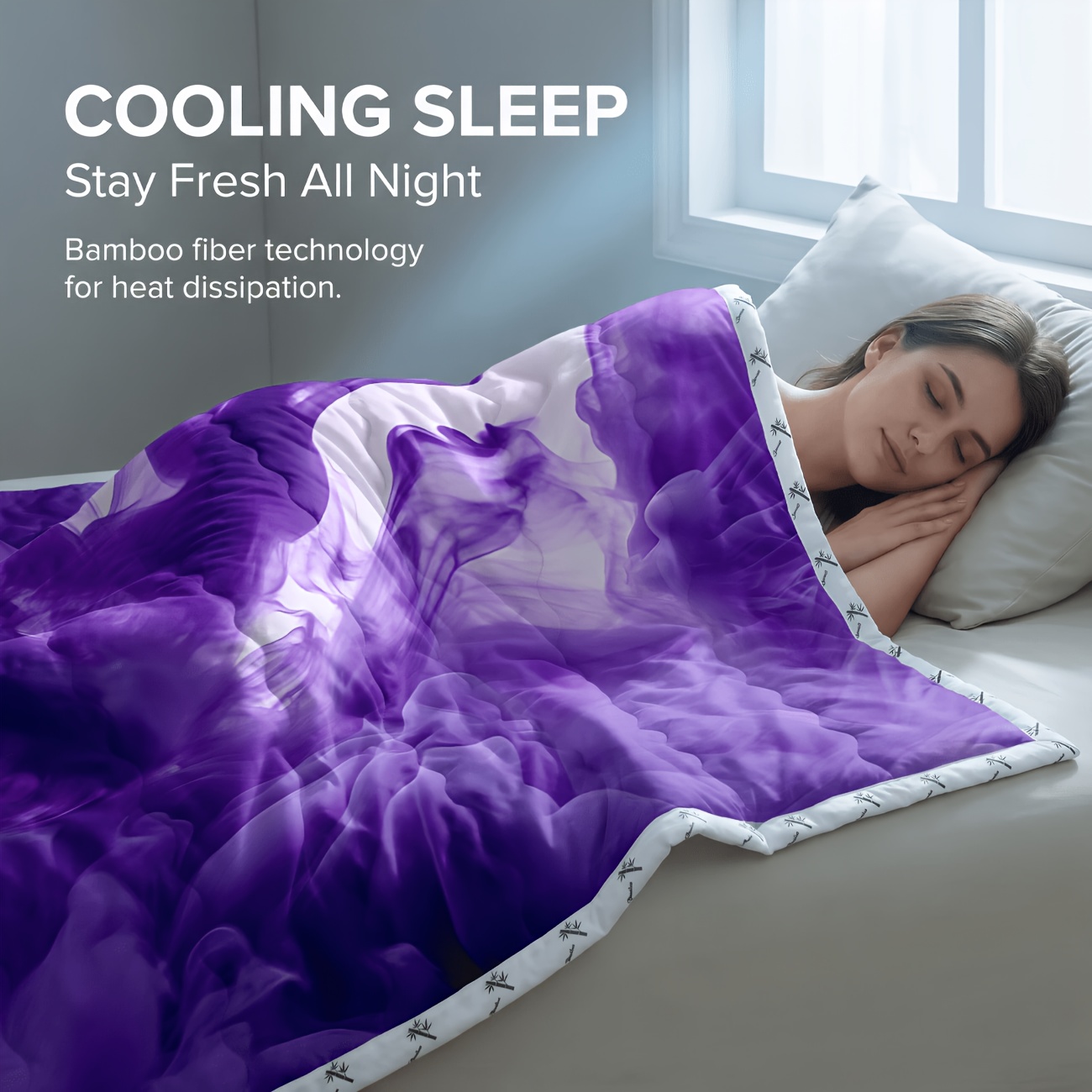TEMU 1pc Bamboo Reversible Cooling Comforter, Reversible Cooling And Warm Summer Comforter, Abstract Purple Fluid Summer Bedding, Switchable
