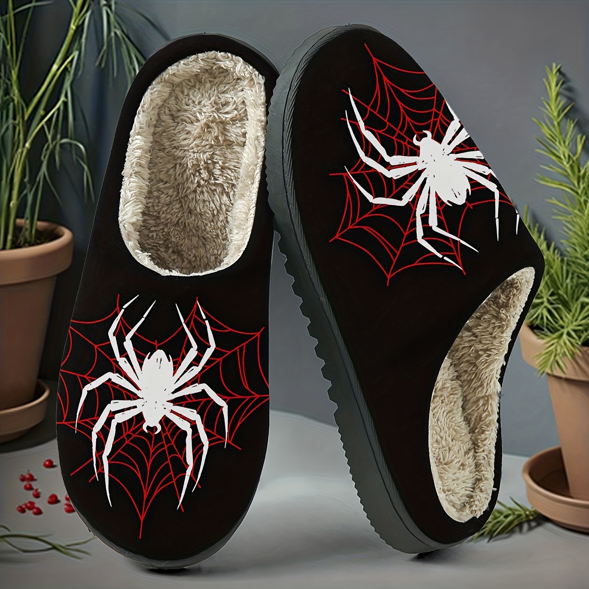 TEMU Spider Slippers: With White Spiders And Red Webs, Dark Style. The Plush Interior Is As Warm As A Blanket, And -slip Sole Is As Stable As A Rock,